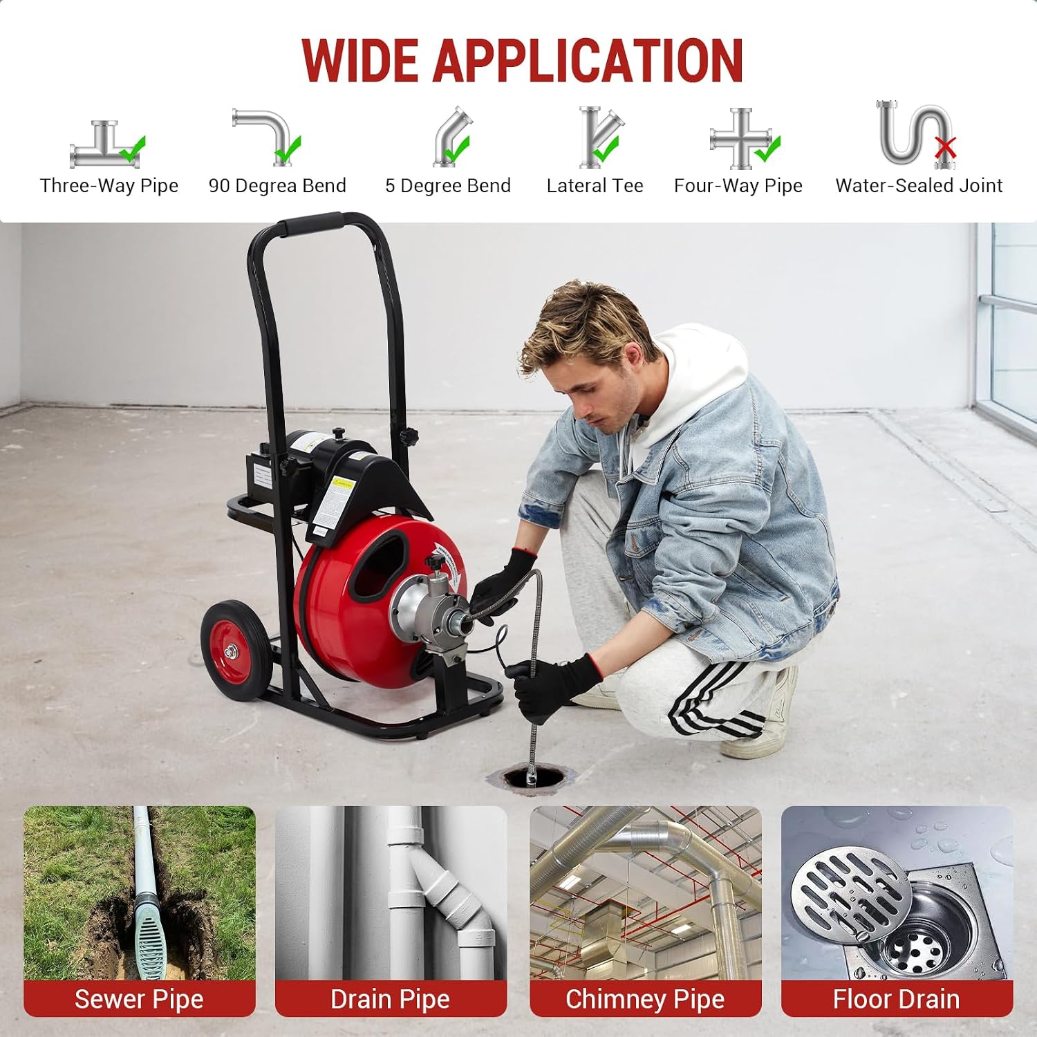 GarveeTech Auto Feed 100 ft x 3/8 in Drain Cleaner Machine with 250W Motor | Portable Sewer Snake Auger with 8 Cutters & Air-Activated Foot Switch, Fits 1 in to 4 in Pipes, Black & Red