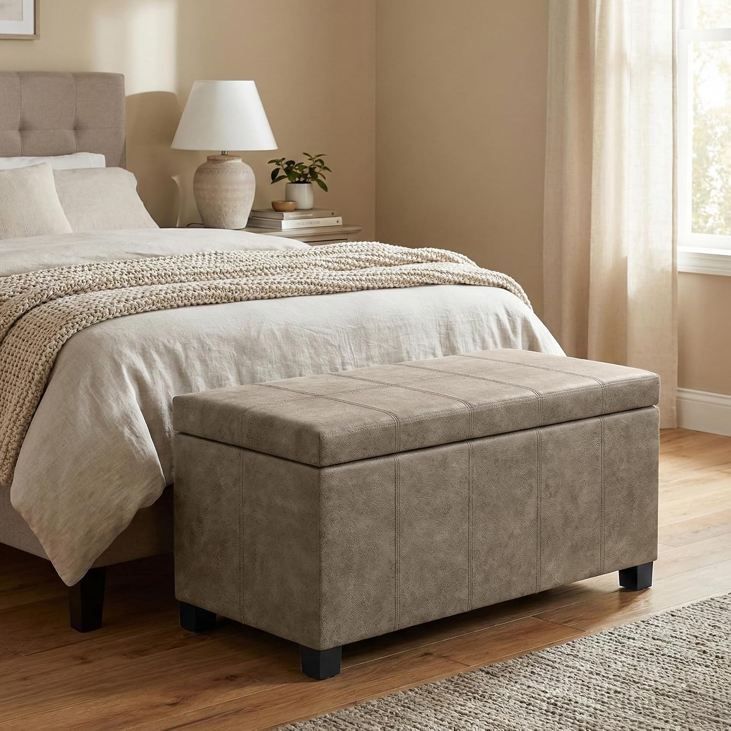 SIMPLIHOME Dover 36" Wide Vegan Leather Storage Ottoman in Midnight Black | Distressed umber brown, contemporary ottoman with lift-top and safety hinges; rectangle storage bench for living room.