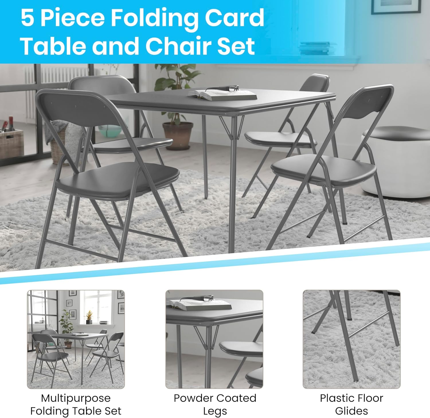 Flash Furniture Madelyn 33.5" Square Folding Multipurpose Card Table with Padded Vinyl Top, Portable Folding Game Table for 4 Players, Black