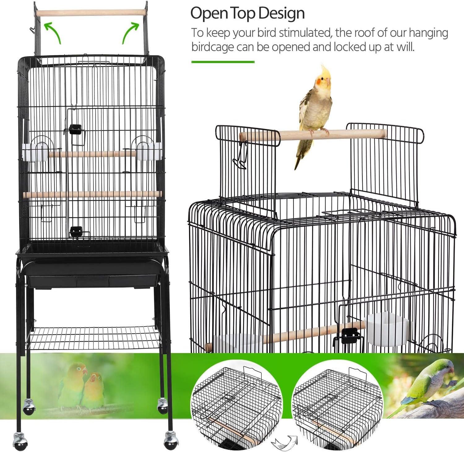 Yaheetech 53.5" Open Top Parrot Bird Cage with Detachable Rolling Stand, Roof Play Flight Cage for Cockatiels, Sun Conures