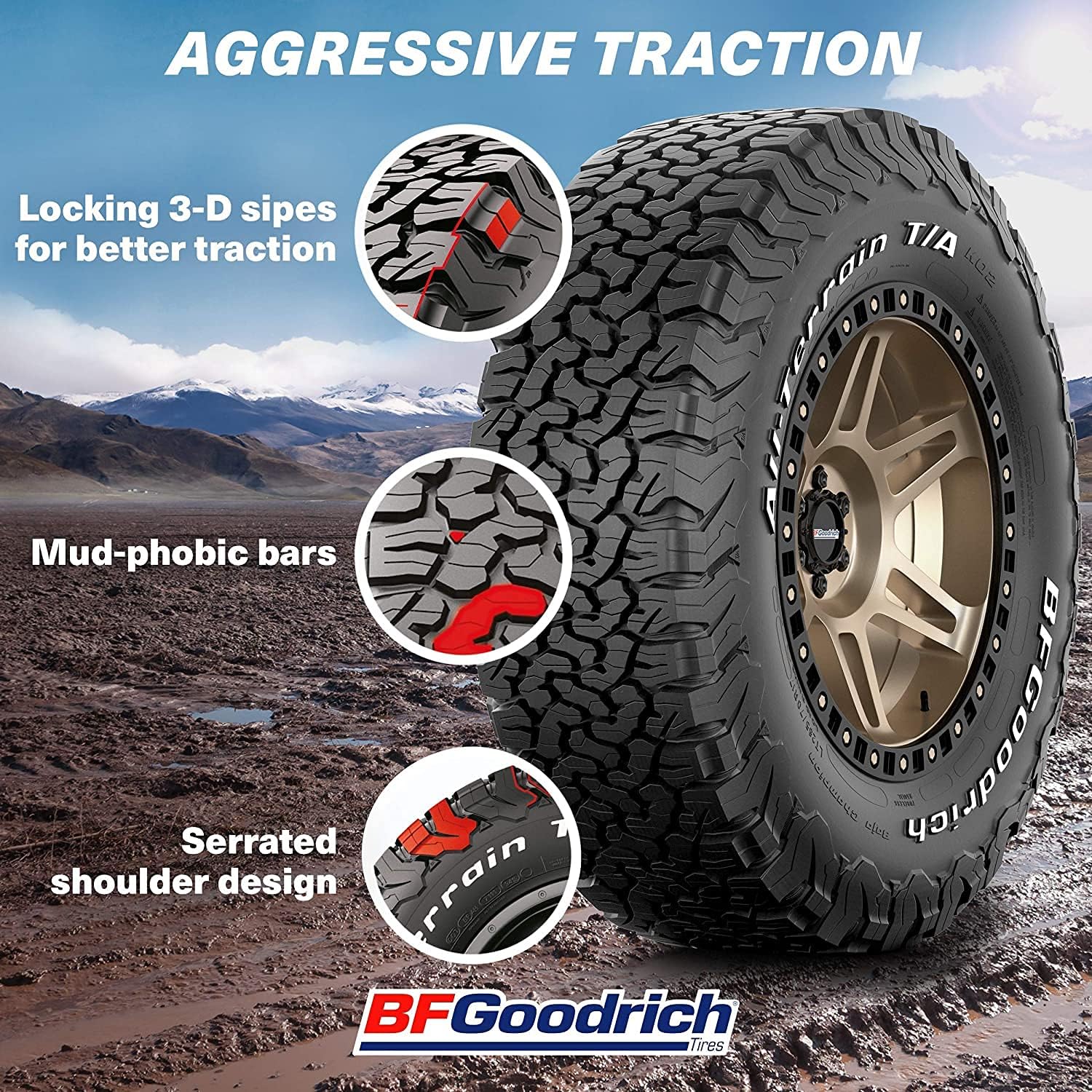 BFGoodrich All Terrain T/A KO2 Radial Car Tire for Light Trucks, SUVs, and Crossovers, LT265/70R16/E 121/118S | Light Truck All Terrain All Weather Traction 121/118S Rated E (10 Ply) Radial Construction Outlined Raised White Letters Tire