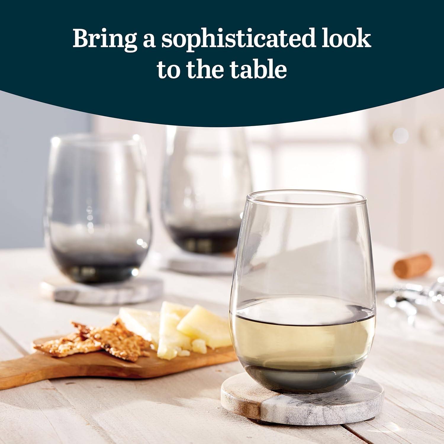 Libbey Classic Blue All-Purpose Stemless Wine Glasses Set 6, Timeless Wine Cups Set of 6, 15.25 Oz, Wine Glass Set for Dinners, Weeknights