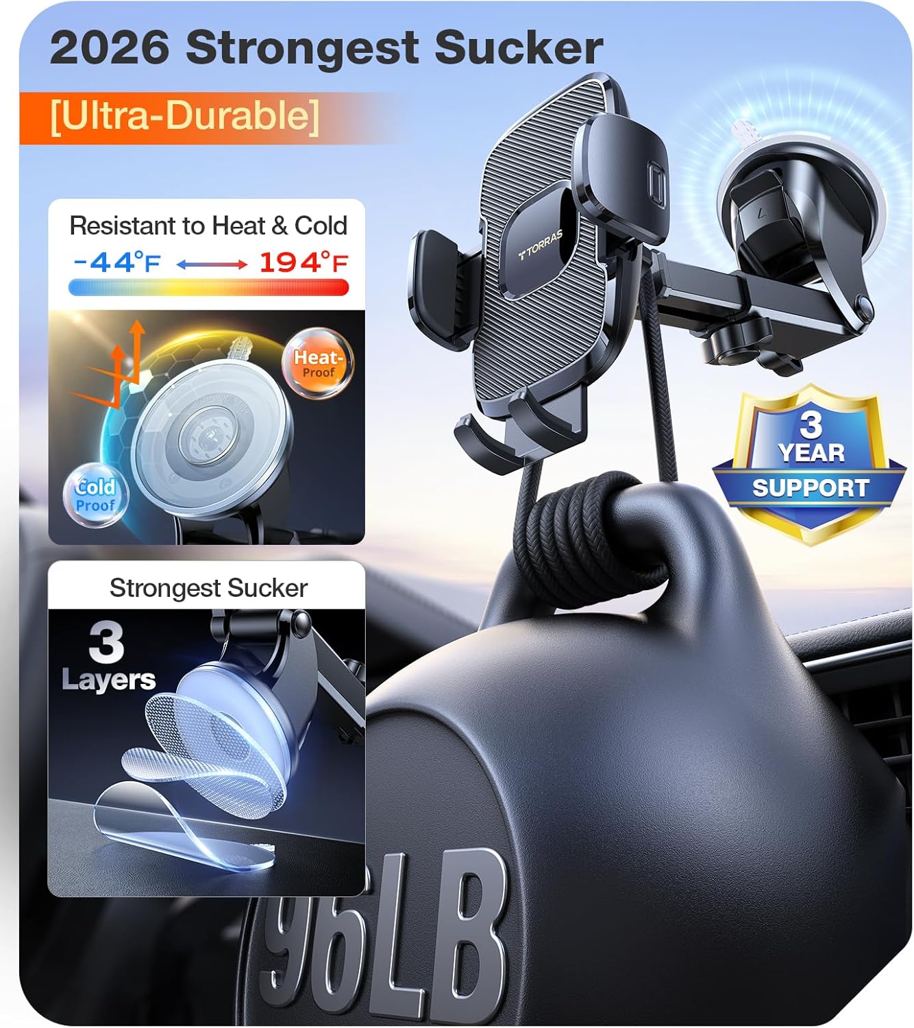 TORRAS Ultra-Durable Phone Holders for Your Car【96+LBS Strongest Suction】 Car Phone Holder Mount, Safety Certs Cell Phone Car Mount Truck for Dashboard Windshield Vent for iPhone 17 16 15 14 Pro Max