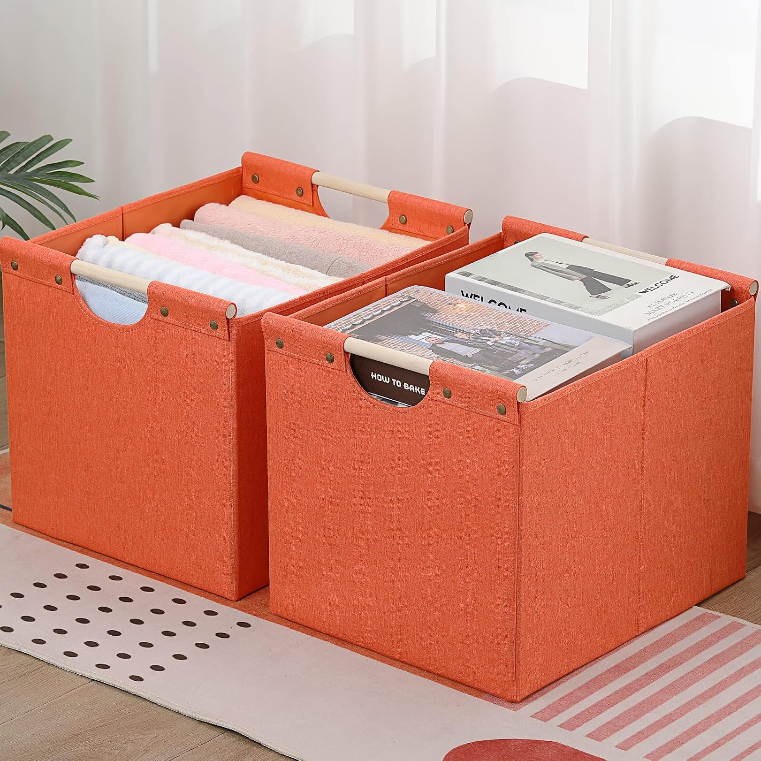 HOONEX Large Collapsible Storage Bins, Linen Fabric, 2 Pack, Storage Baskets with Wooden Carry Handles and Sturdy Heavy Cardboard, for Home, Office
