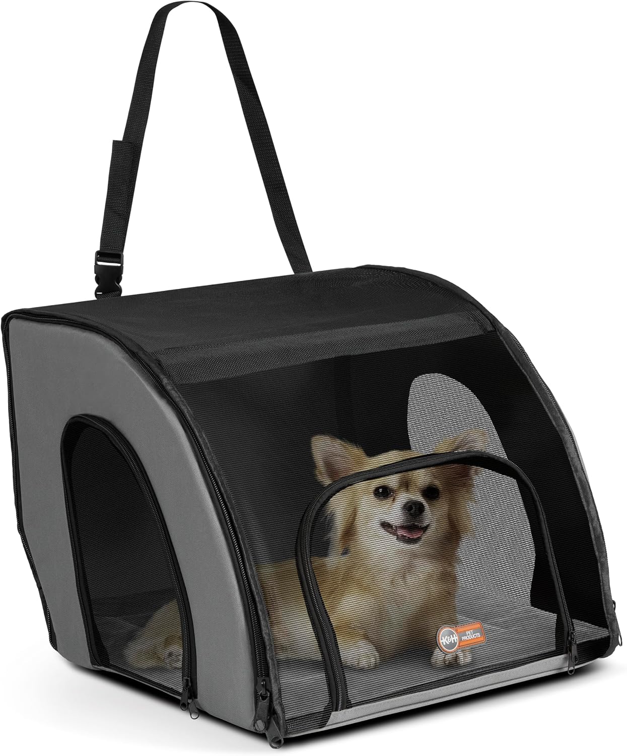 K&H Dog Car Seat, Travel Safety Carrier for Pets, Medium, Gray/Black | Enclosed Car Seat for Dogs, Soft-Sided Covered Pet Carrier, Washable Pad, Multiple Entrances, Mesh Windows, 24x19x17in