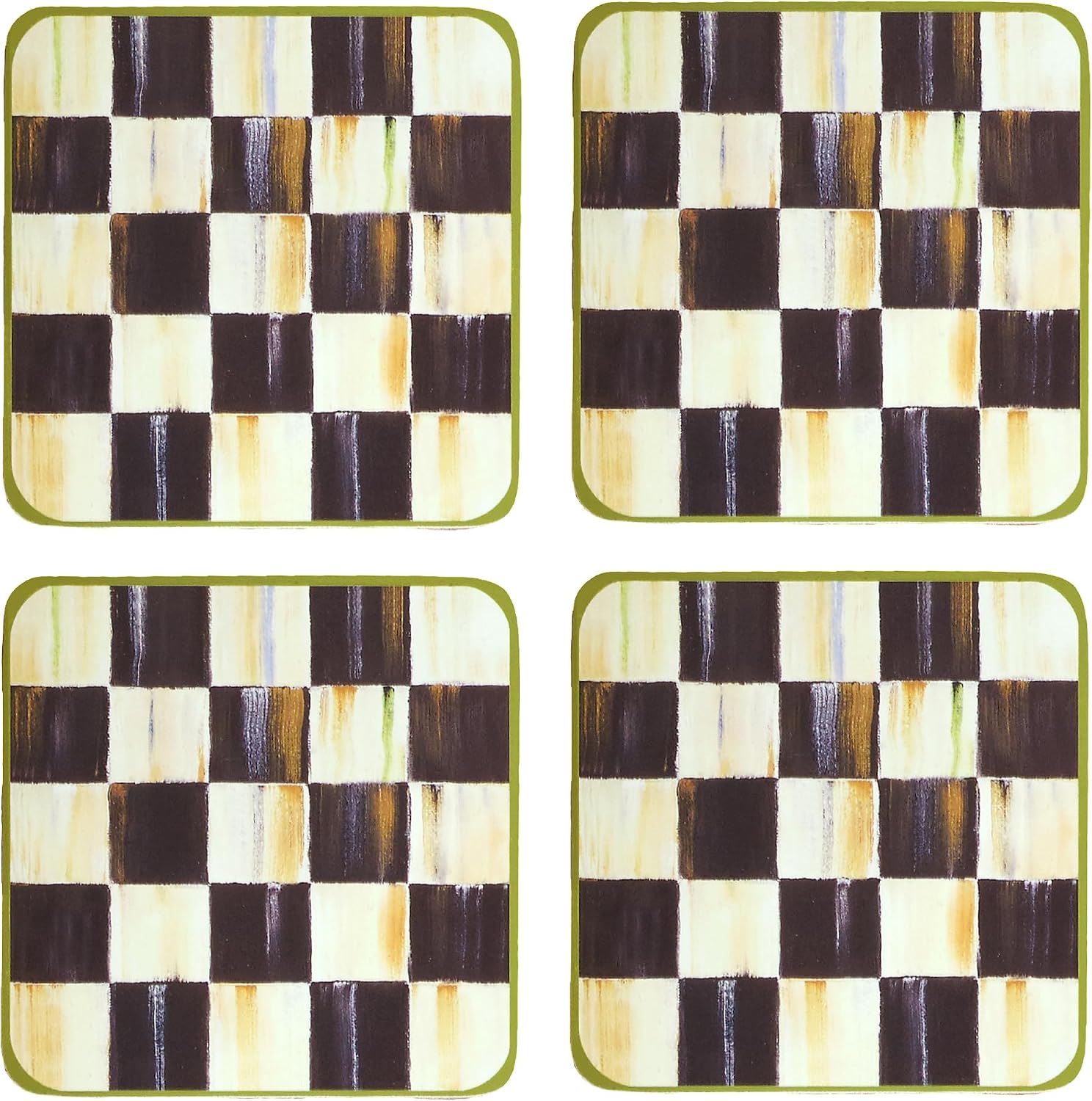 MACKENZIE-CHILDS Square Coasters Set, Black-and-White Courtly Check | Hand-painted design, made from MDF with a cork back, table coasters for drinks, 4" square, set of 4