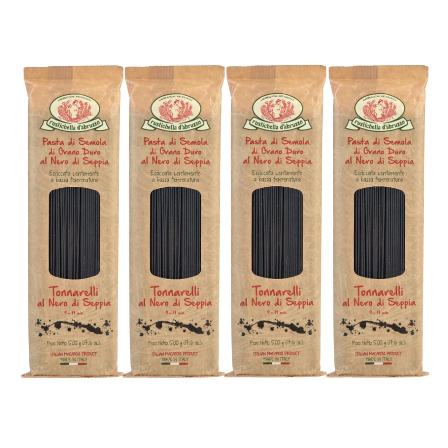 Rustichella d'Abruzzo Tonnarelli with Squid Ink, Long Italian Pasta with Cuttlefish, Ideal for Shellfish, Spicy Fish Sauce & Olive Oil Dishes