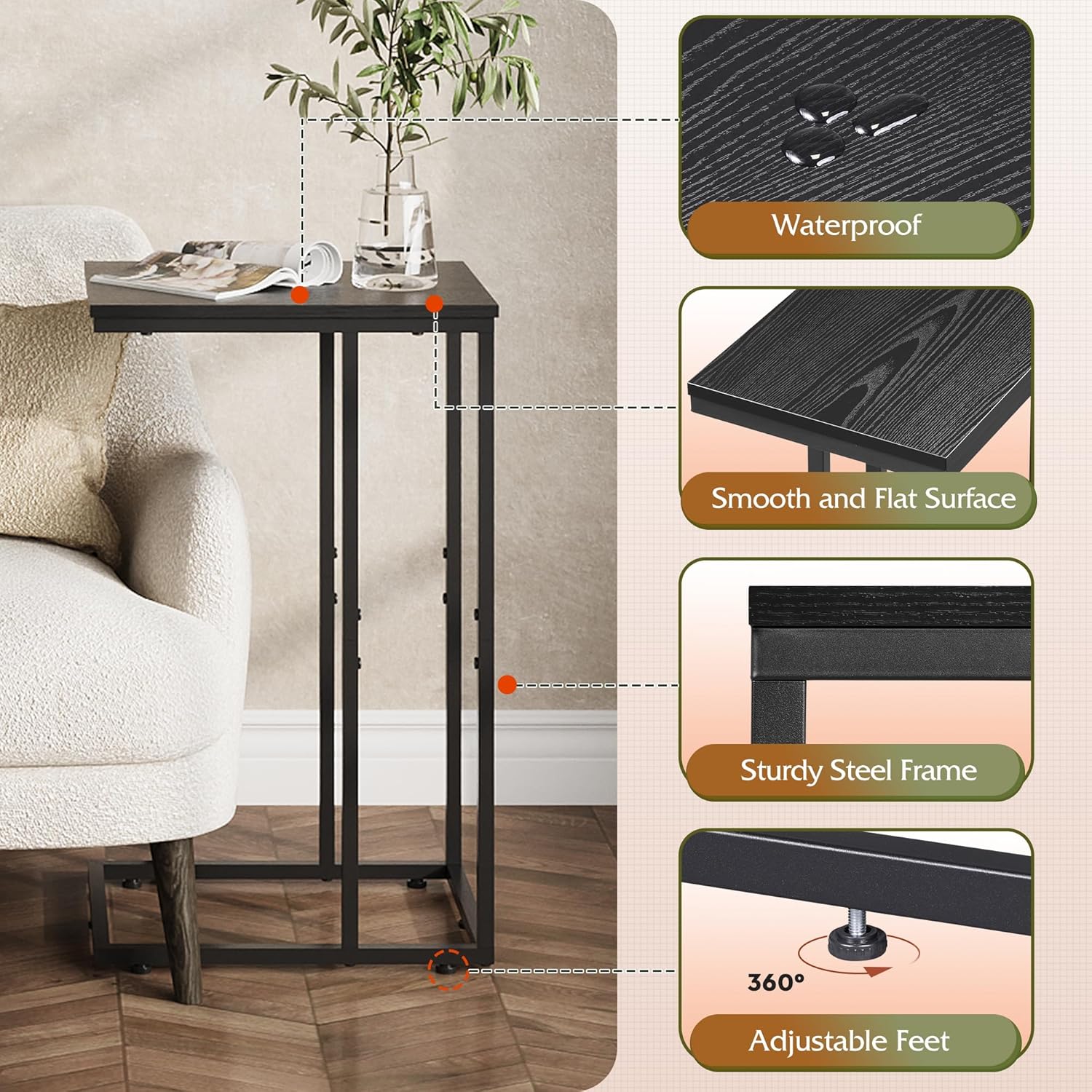 WLIVE C Shaped End Table, Small Side Tables for Sofa and Bed, Couch Table that Slides Under for Living Room, Bedroom, Home Office, Small Spaces