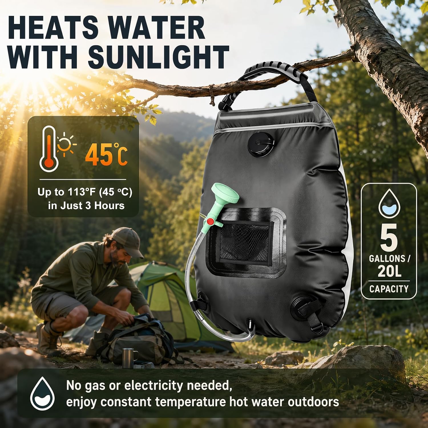 Solar Shower Bag | 5 Gal/20L Solar Heating Camping Shower Bag | Removable Hose | On-Off Switchable Shower Head | Ducha Portatil | Traveling Shower | Portable Shower for Beach Swimming, Hiking