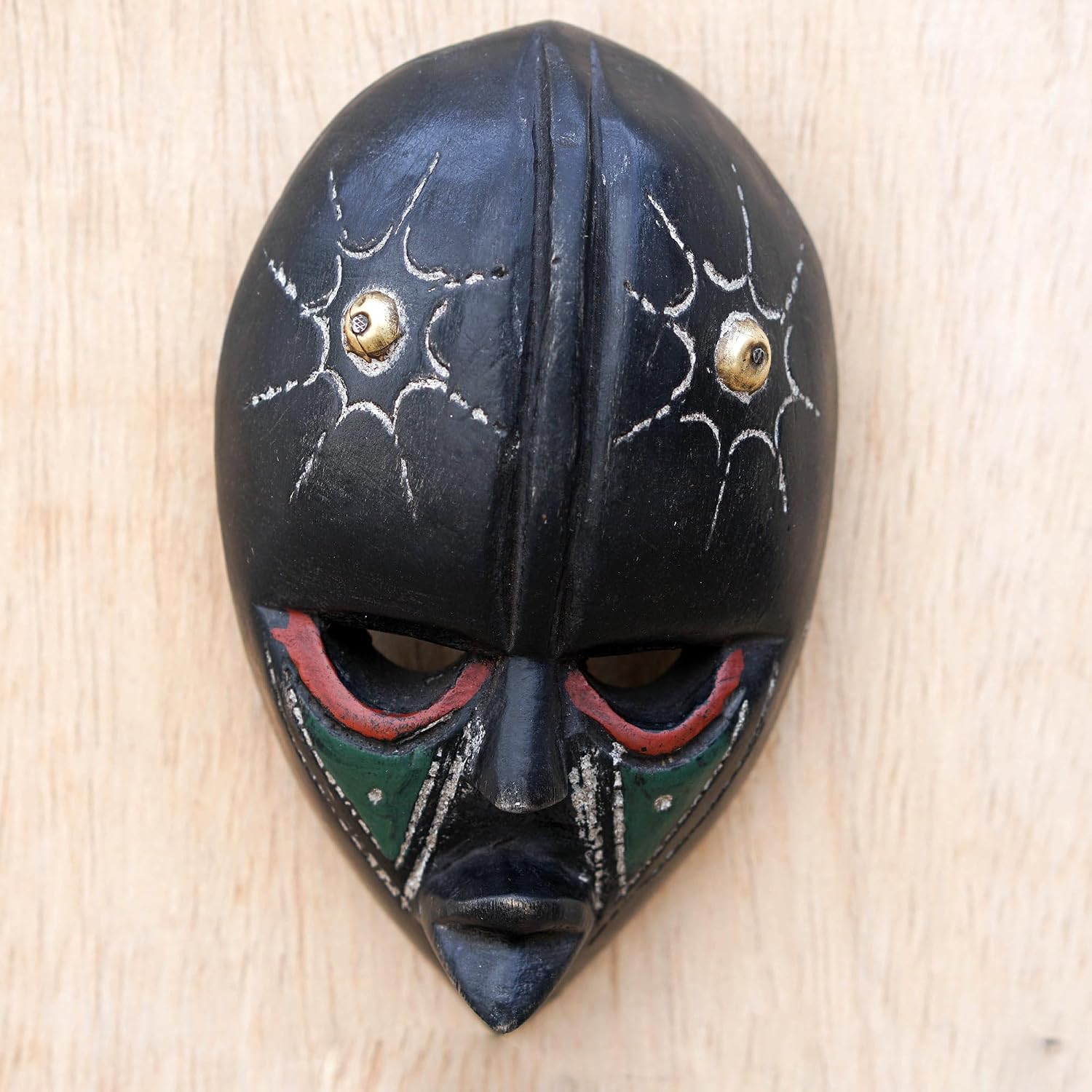 NOVICA Artisan Handcarved African Wood Mask Sese Wall from Ghana Black Multicolor Woodbrass Masks Ghanaian [5.75in H x 3in W x 1.4in D] ' Stellar