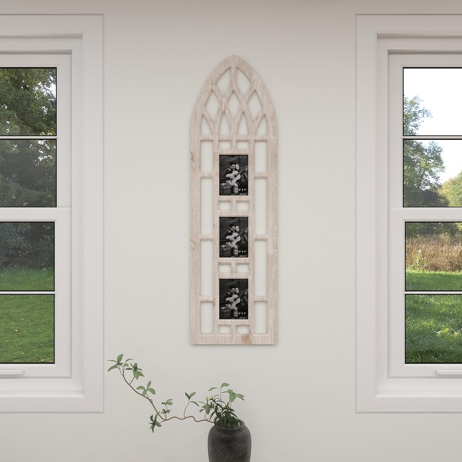 Deco 79 Wooden Wall Photo Frame Slim Arched Window Inspired 3 Slot , 14" x 1" x 47", Light Brown