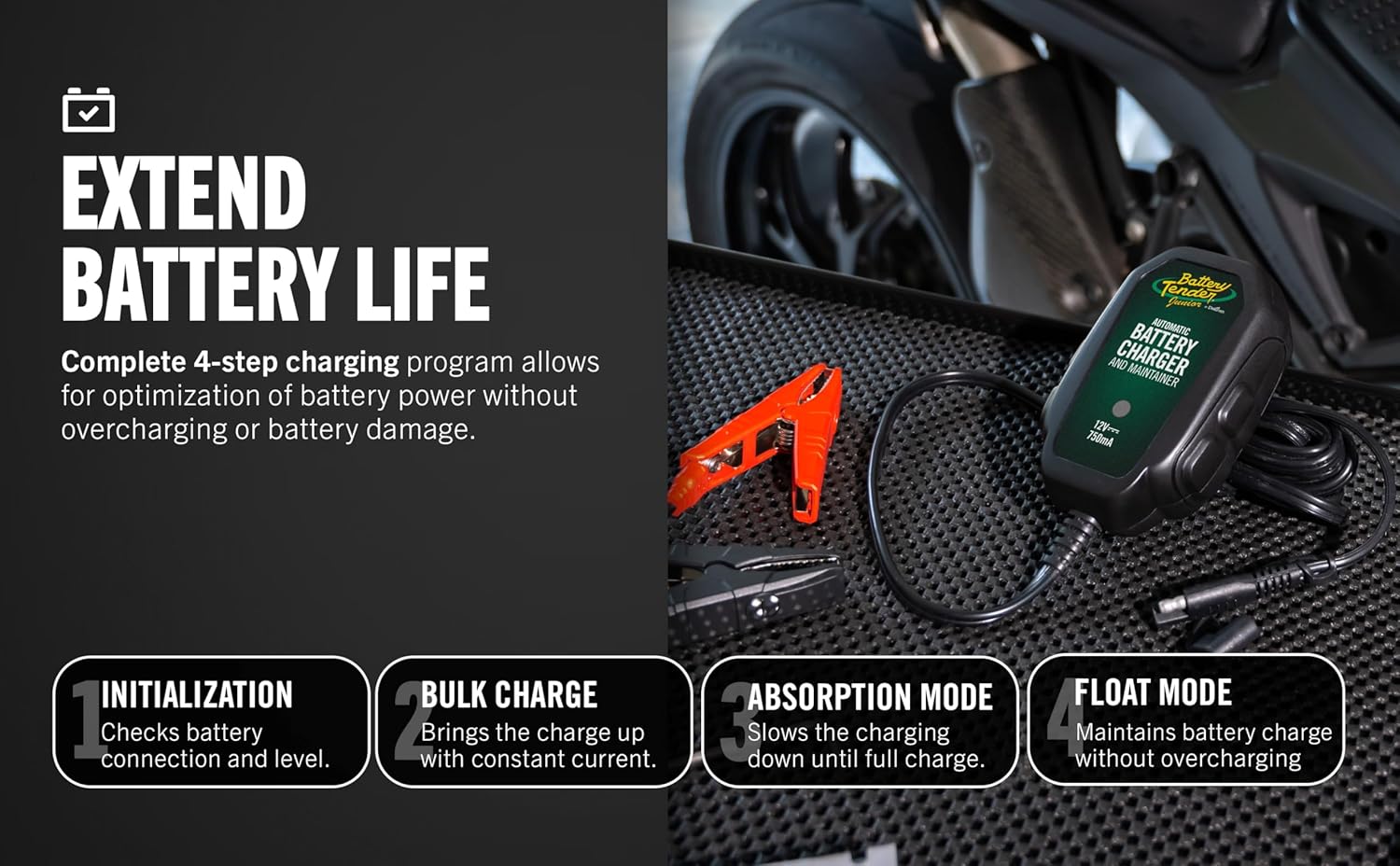 Battery Tender Junior 12V, 750mA Charger and Maintainer: Automatic 12V Powersports for Motorcycle, ATVs