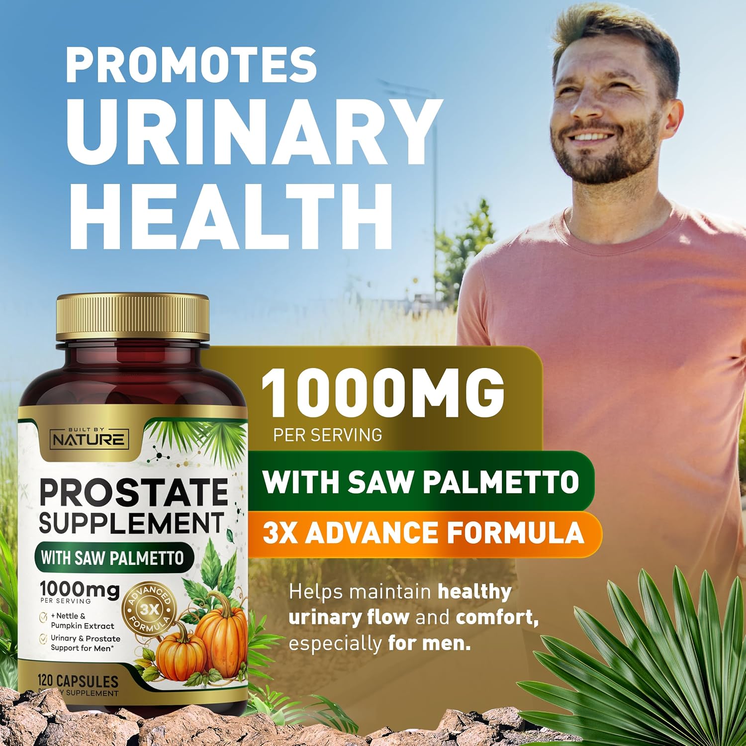 Built by Nature Prostate Supplement for Men, 120 Capsules Saw Palmetto, Advanced 3X Formula, Stinging Nettle and Pumpkin Seed Extract