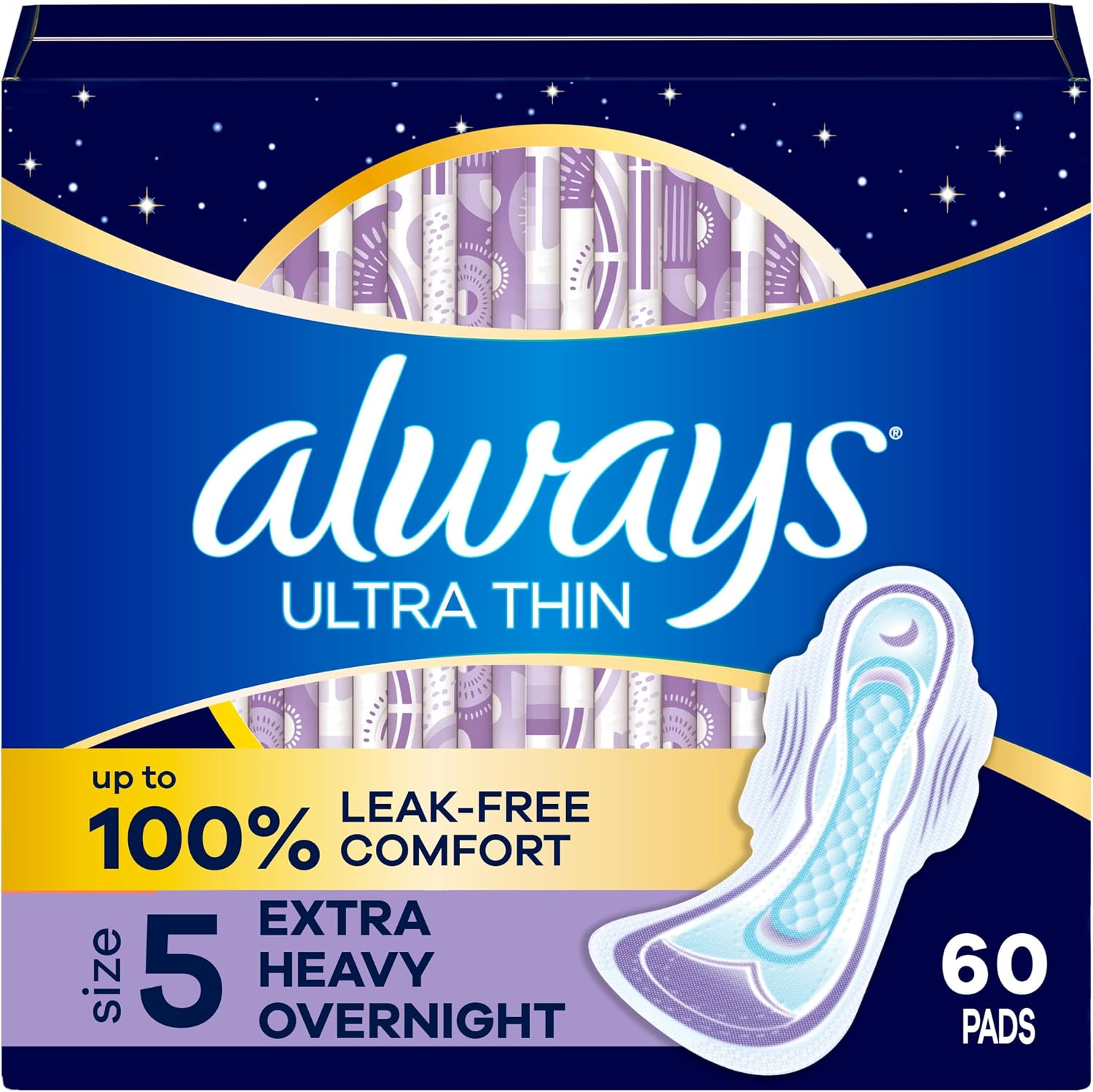 Always Ultra Thin Feminine Pads with Wings for Women, Size 5, Extra Heavy Overnight Absorbency, Unscented, Up to 100% Leak-Free Comfort, 34 Count