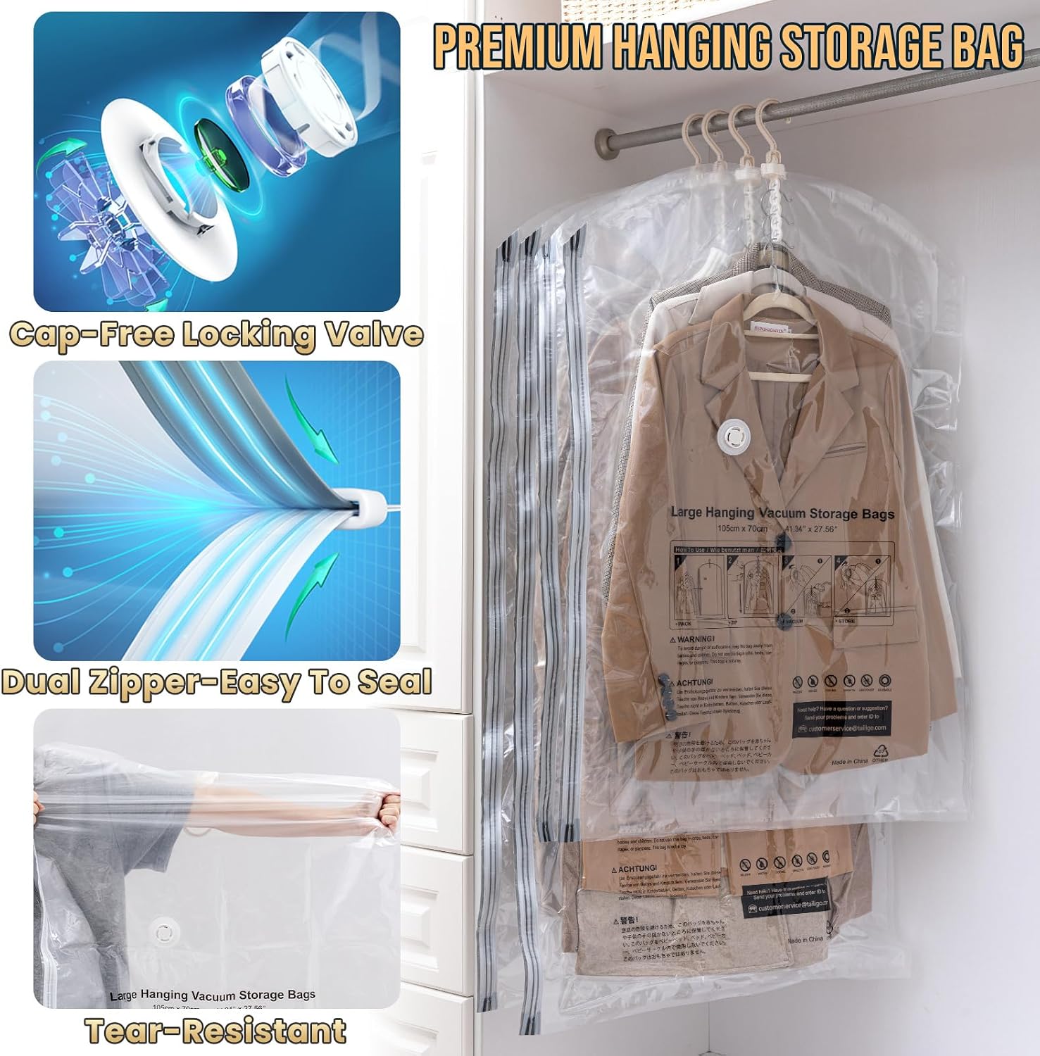 TAILI Hanging Vacuum Storage Bags, Space Save Vacuum seal bags for Clothing Travel, Suits and Jackets, Winter Coat Storage Closet Organizers, Set of 4 (2 Long, 2 Short), Clear