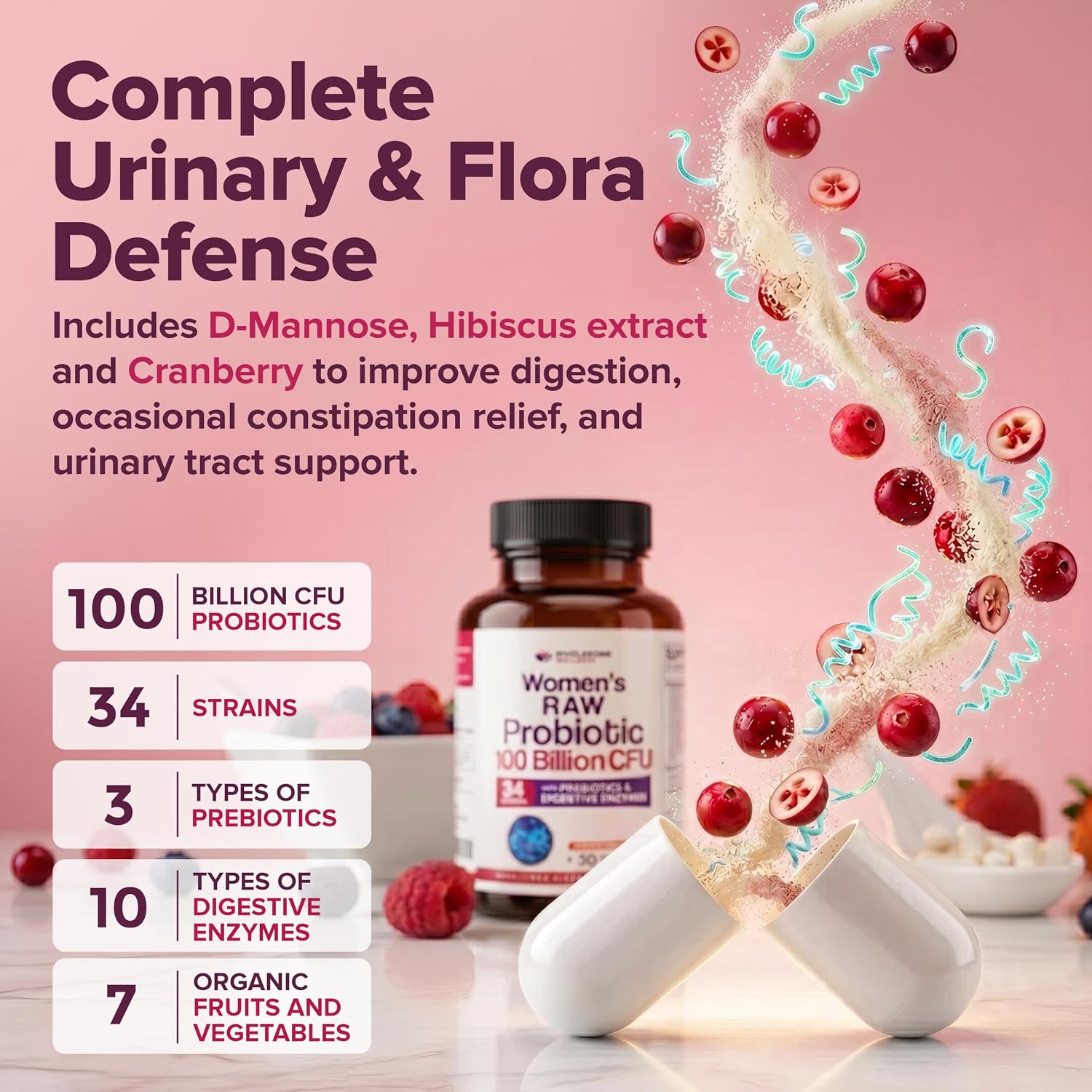 Wholesome Wellness Dr. Formulated Raw Probiotics for Women 100 Billion CFUs Capsules with Prebiotics, Digestive Enzymes, Approved for Adults