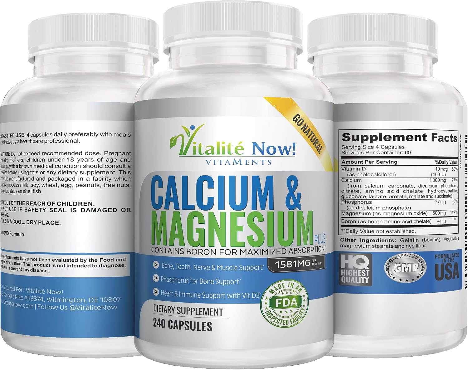 Vitalité Now! Calcium Magnesium Supplement 1000mg with Vitamin D | 10 Forms of Calcium for Maximum Absorption - Bone Strength Support with Boron