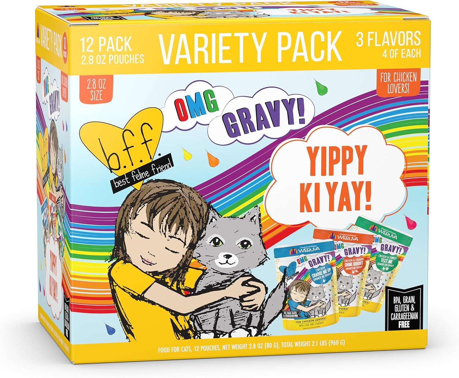 Weruva B.F.F. OMG - Best Feline Friend Oh My Gravy!, Tuna & Salmon Sweet Cheeks with Tuna & Salmon in Gravy Cat Food, 3oz Pouch (Pack of 12)