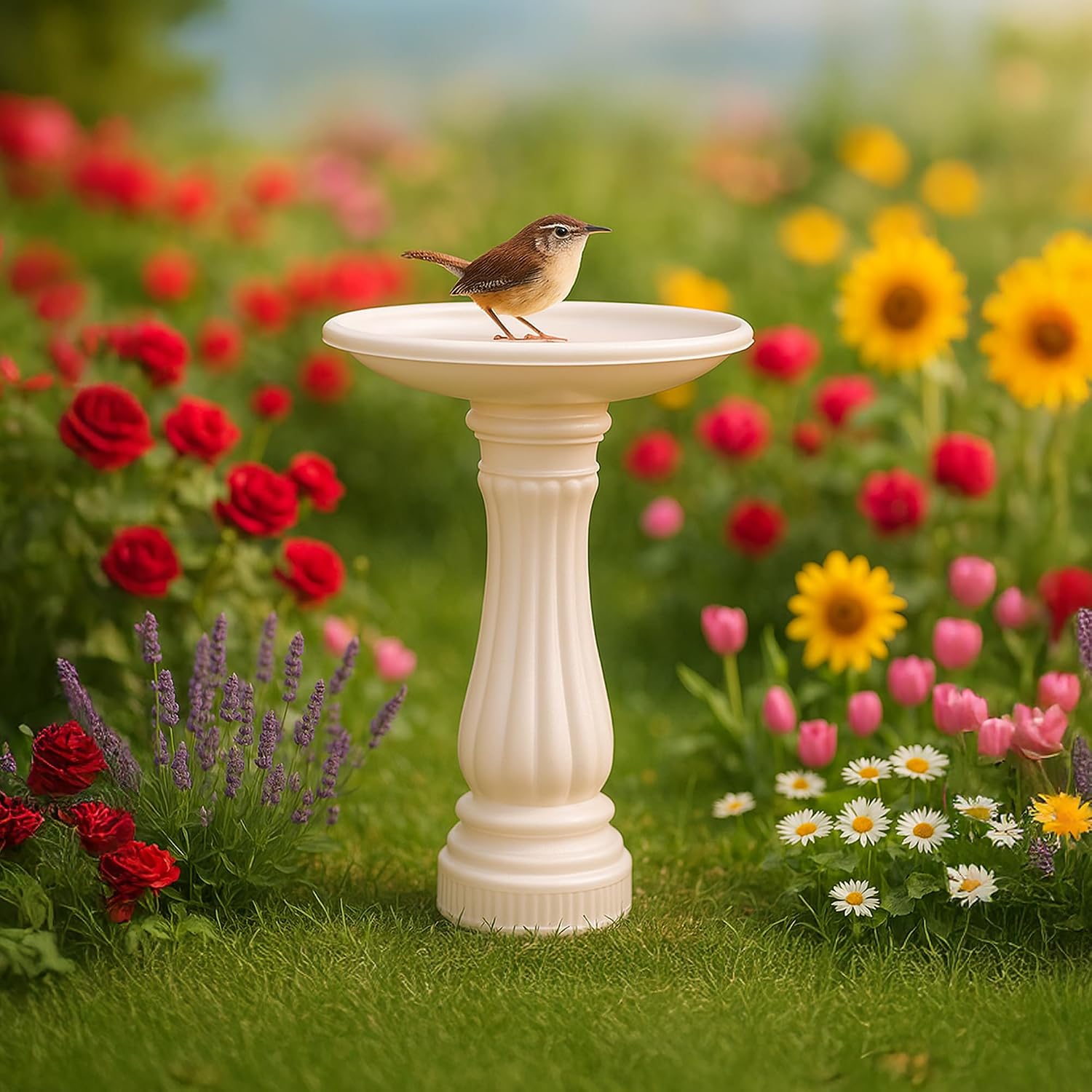 Union Products Bird Bath for Outside, Round Outdoor Patio Lawn and Garden Decor with Fillable Base for Stability, 17"D x 25"H, White