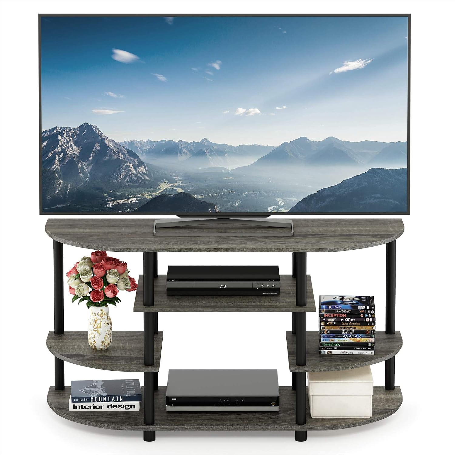 Furinno Turn-N-Tube No Tools Entertainment Center, Round Square Corner, French Oak Grey/Black | Raised Top, Open Shelves TV Console with for TV up to 32 Inch, for Living Room, Bedroom