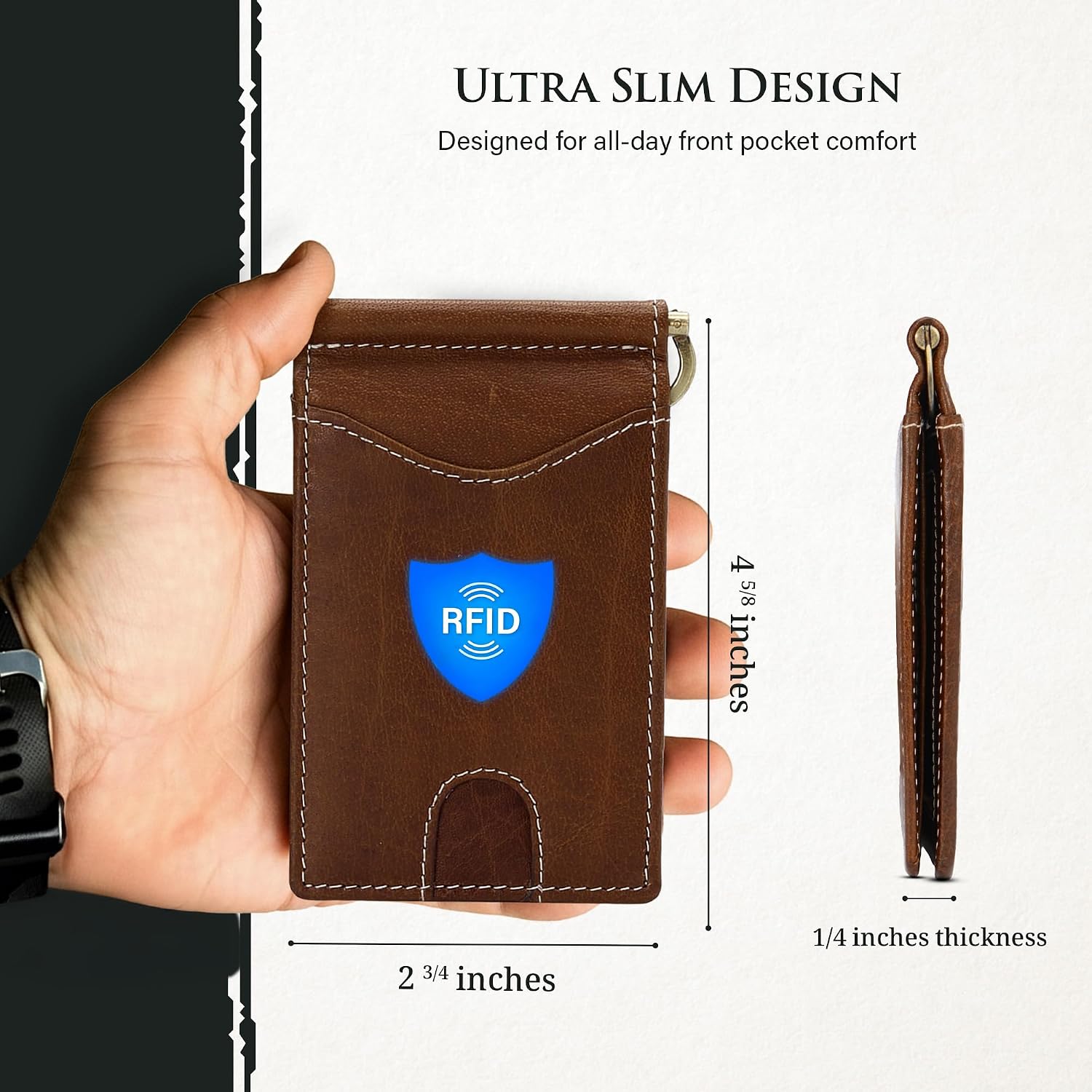 Genuine Bison Leather Wallet for Men, RFID Slim, Brown | Genuine bison leather wallet for men with RFID blocking and curved front pocket fit. Rugged slim everyday carry, brown.