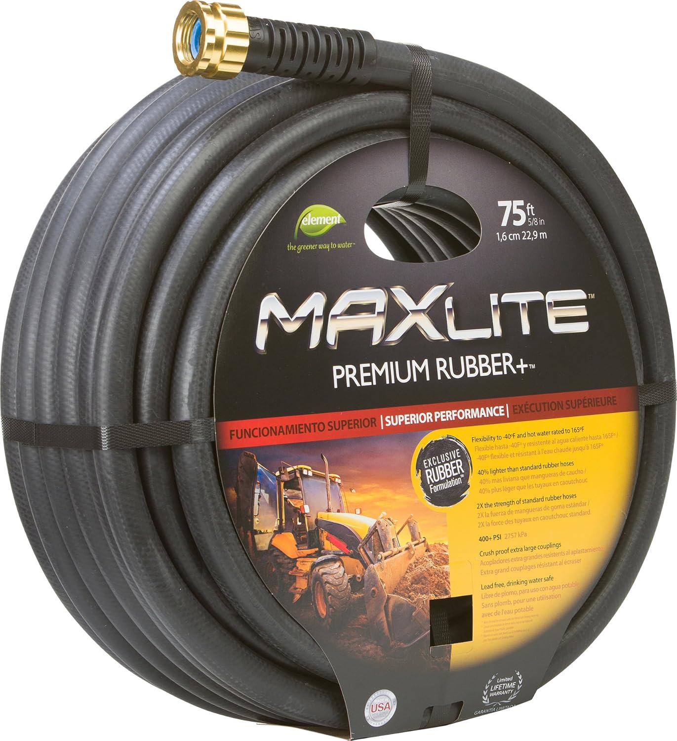 Swan Products CELSGC58050 Element MAXLite Premium Rubber+ Water Hose with Crush Proof Couplings 50' x 5/8", Black