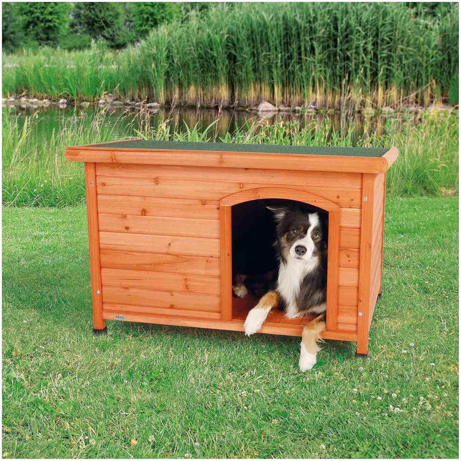 Trixie Natura Classic Dog House - Wooden Outdoor Shelter with Weatherproof Sealer, Hinged Roof & Adjustable Legs for Medium Dogs - Gray - 27 x 41 x 28.5 in