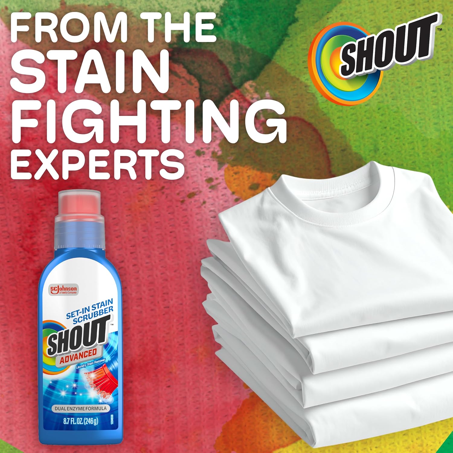 Shout Advanced Stain Remover Gel for Clothes Laundry, Ultra Concentrated Gel with Built-in Scrubber Brush for Deep Set-In stains, 8.7oz