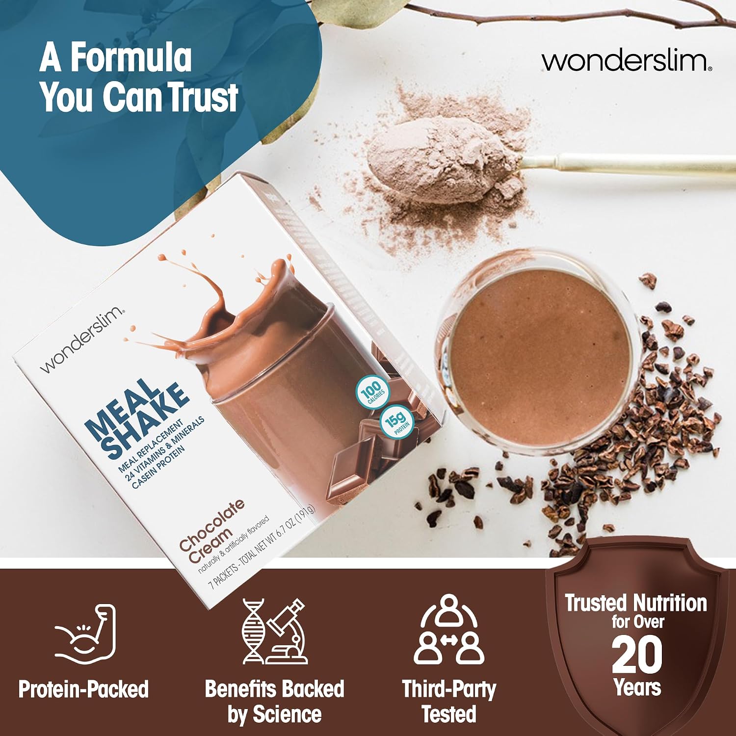 WonderSlim Protein Meal Replacement Shake – 15g Protein, 24 Vitamins & Minerals, Low Carb, Low Calorie, Gluten Free – Meal Replacement Drink for Weight Management, 7 Count Packets (Dark Cocoa Cream)