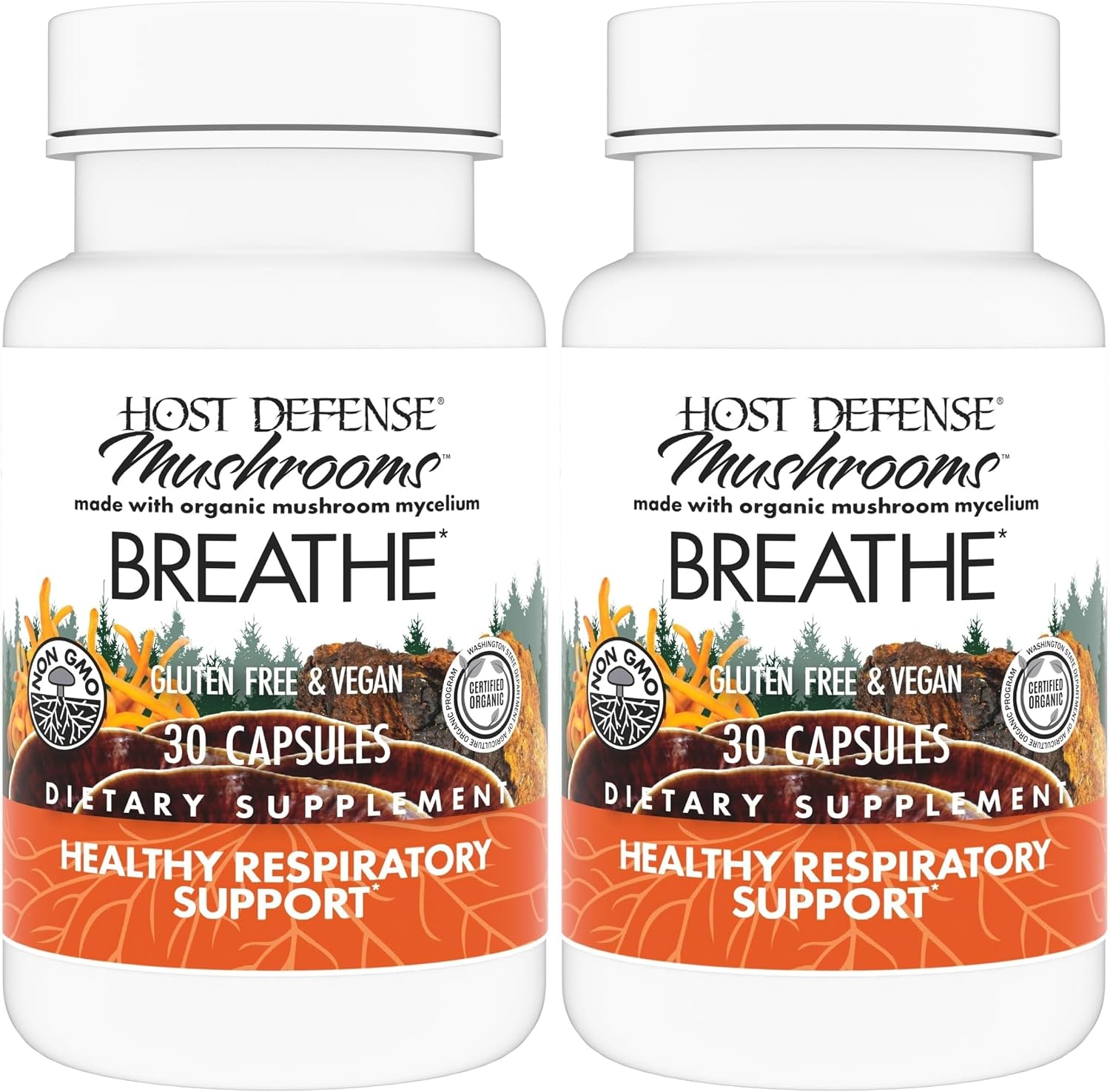 Host Defense Breathe* Capsules - Immune & Respiratory Support Mushroom Supplement - Herbal Lung Health Supplement with Chaga, Reishi & Cordyceps - 30 Capsules (15 Servings)*