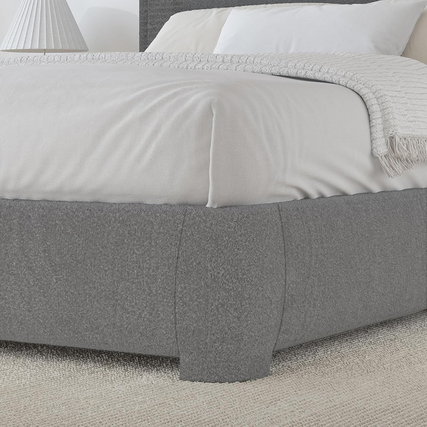 BarnFurin Full Bed Frame, Cloud Boucle Headboard, Rounded Corners, White | Soft boucle and rounded edges create a low-profile cloud look. Wooden slats support the mattress without a box spring