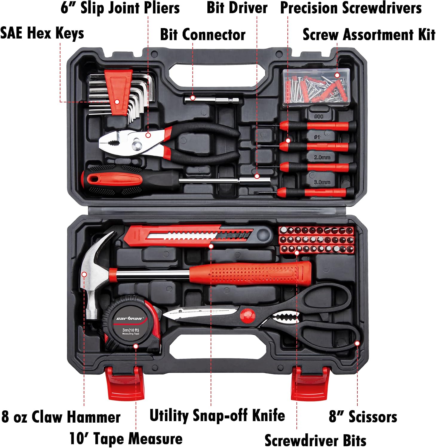 CARTMAN 39-Piece Household Tool Set, Orange Hand Kit With Storage Case | Complete assortment for home repairs, DIY projects, furniture setup, crafting, and daily household fixes in toolbox.