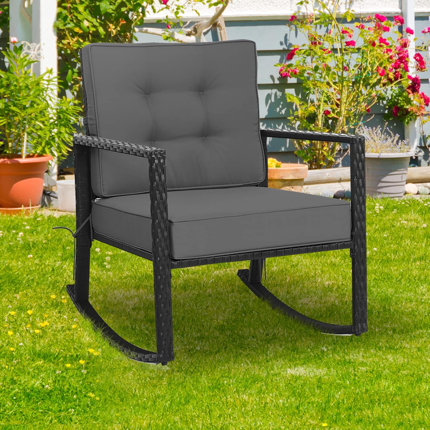 Tangkula Wicker Rocking Chair, Outdoor Glider Rattan Rocker Chair with Heavy-Duty Steel Frame
