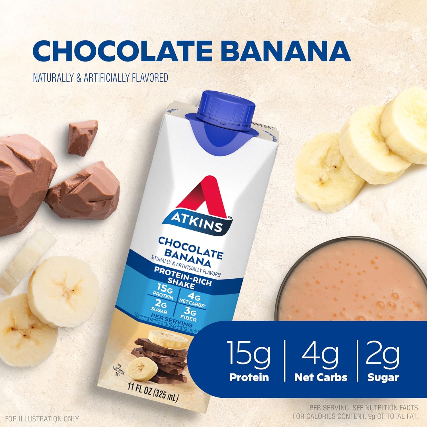Atkins Milk Chocolate Delight High Protein Shake, 15g Protein, 12 Count | 15g Protein, 3g Fiber, 2g Net Carb, 1g Sugar, Chocolate Flavored, Keto Friendly, Ready to Drink, 12 Count