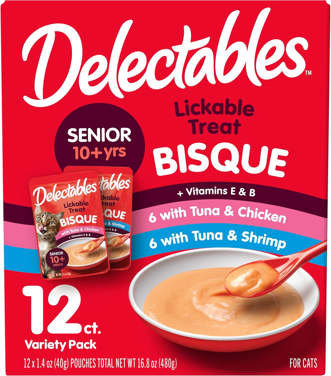 Delectables Lickable Treat Bisque Senior 10+ Wet Cat Treat with Real Tuna & Chicken, Food Topper, Hydrating, Grain-Free, No Fillers, By-Products, Added Preservatives, 1.4oz Pouch, 12ct
