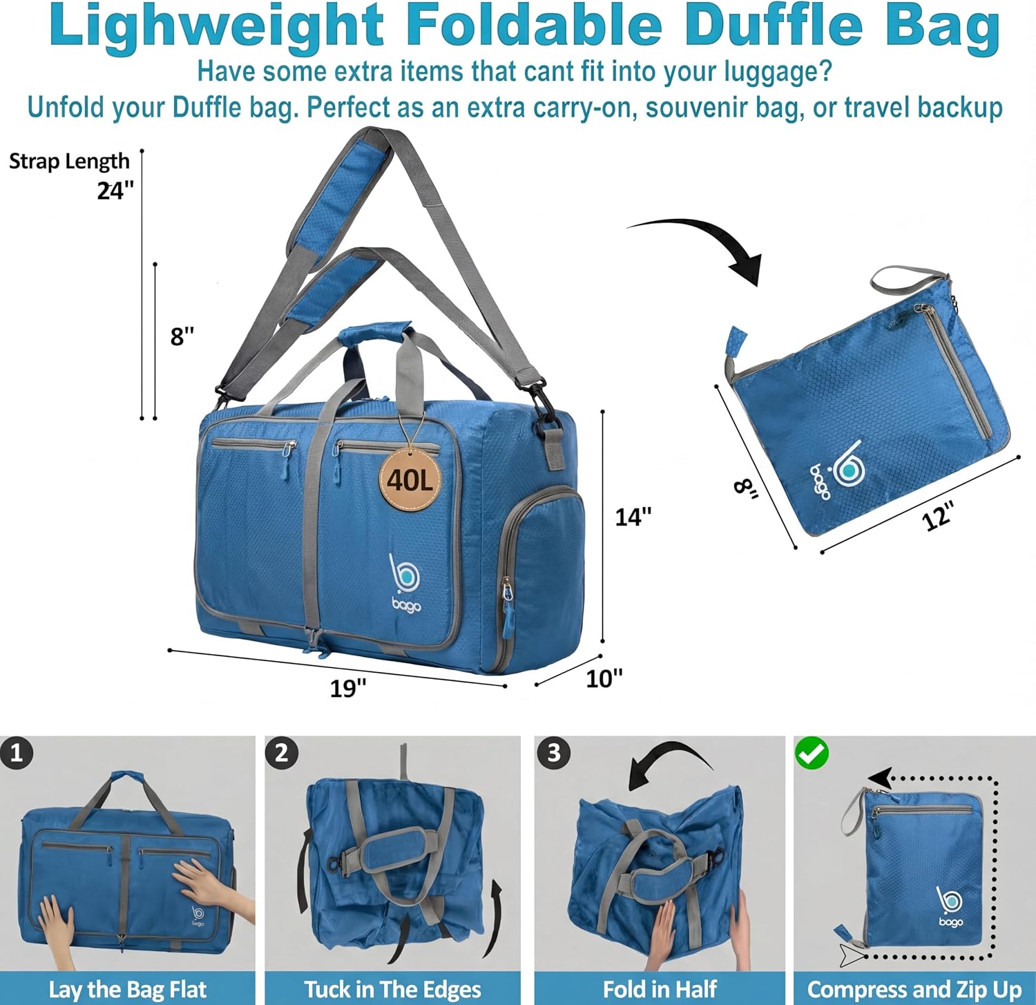 Bago Large Duffle Bag for Travel Women & Men. Durable Lightweight Foldable Travel Duffel Bags For Traveling Women. 80L Duffle Bags For Overnight Bag With Shoe Compartment Collapsible Weekender duffel