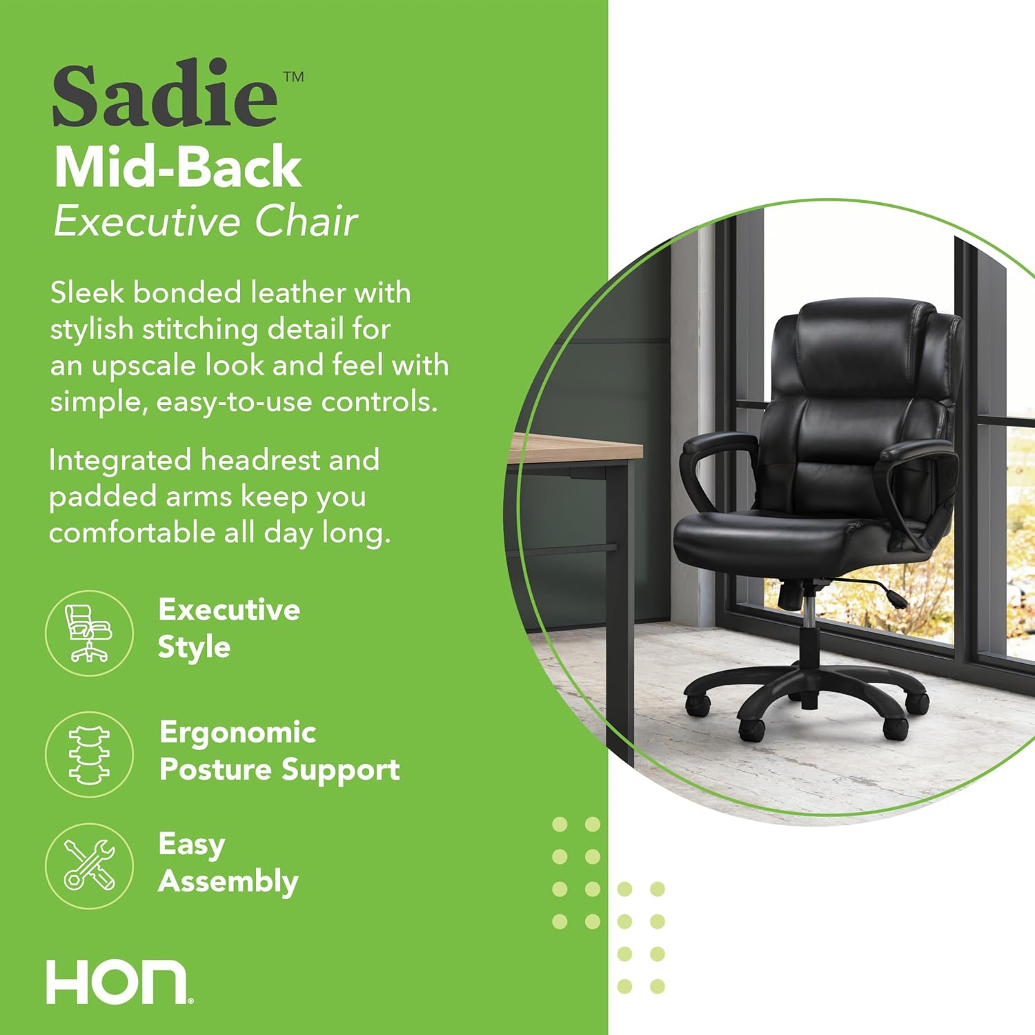 HON Sadie Big and Tall Ergonomic Office Chair, Heavy Duty Desk Chair, Black | Big and tall ergonomic office desk chair for desk work, lumbar support, adjustable arms, mesh comfort, 350 lb capacity