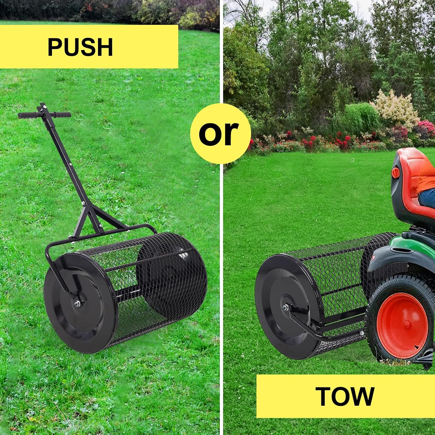 Compost Spreader - 24'' Peat Moss Spreader Manure Spreaders Roller with Adjustable T Shaped Handle Lightweight Metal Mesh Spreader for Lawn Garden Spreading Manure Topsoil, Black 0.5" x 1" Open Slits