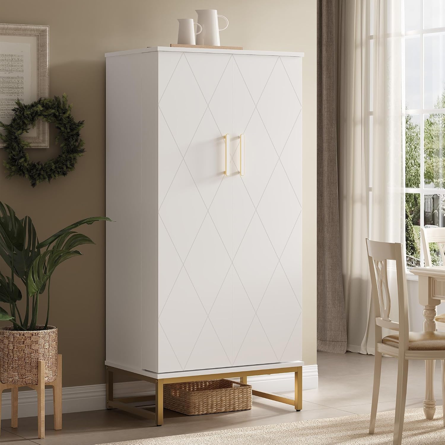 kepptory 47” Pantry Cabinet, Kitchen Pantry Storage Cabinet with Doors and Adjustable Shelves,Freestanding Buffet Cupboards Sideboard for Living Room and Dinning Room (White)
