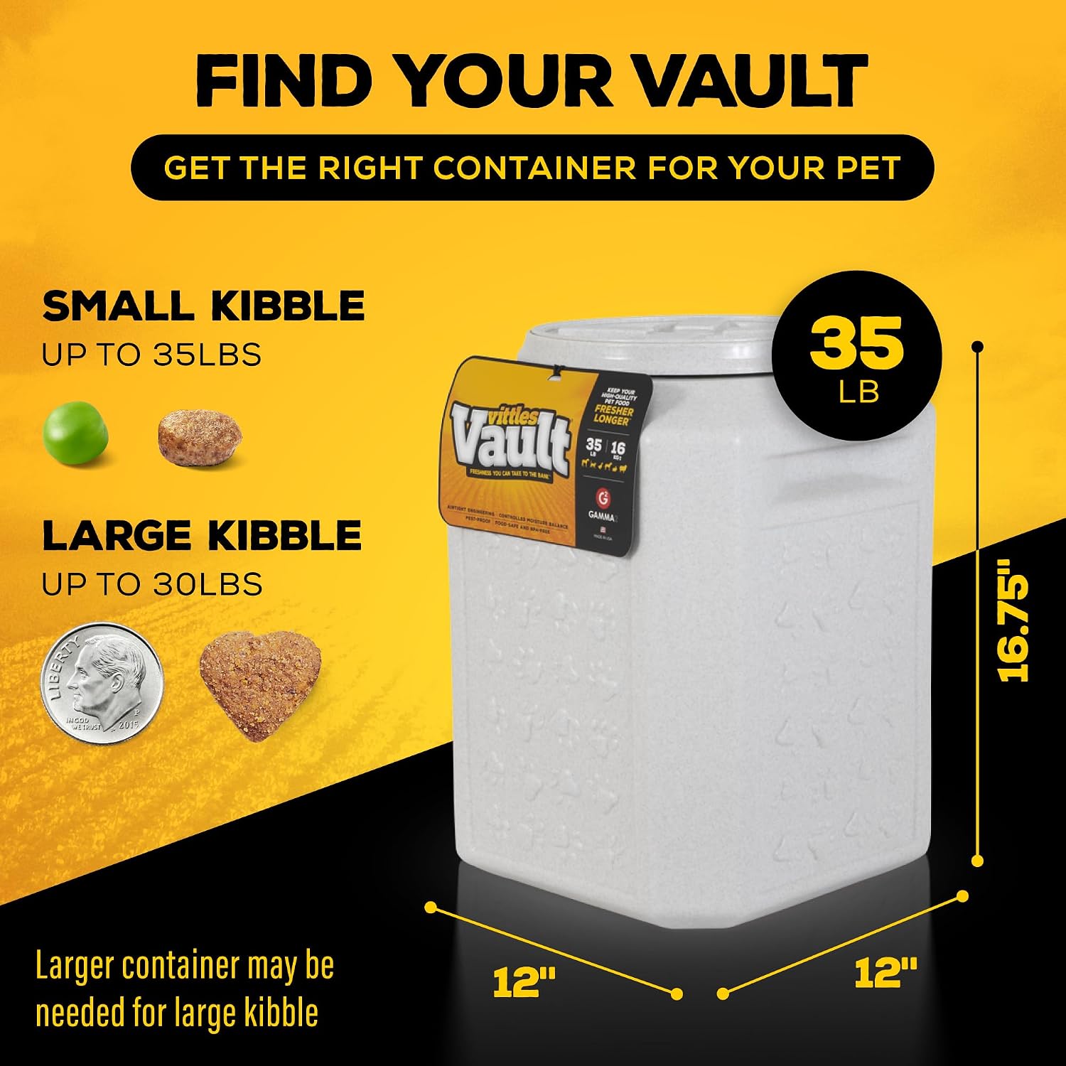 Gamma2 Vittles Vault Pet Food Storage Containers - Sealed Dog and Cat Food Storage Container, Fits up to 25lbs, Made in the USA - [12"L x 13.75"H] | Made in USA, 12 inch long by 13.75 inch tall, airtight lid keeps kibble fresh and pests out, a durable pa…
