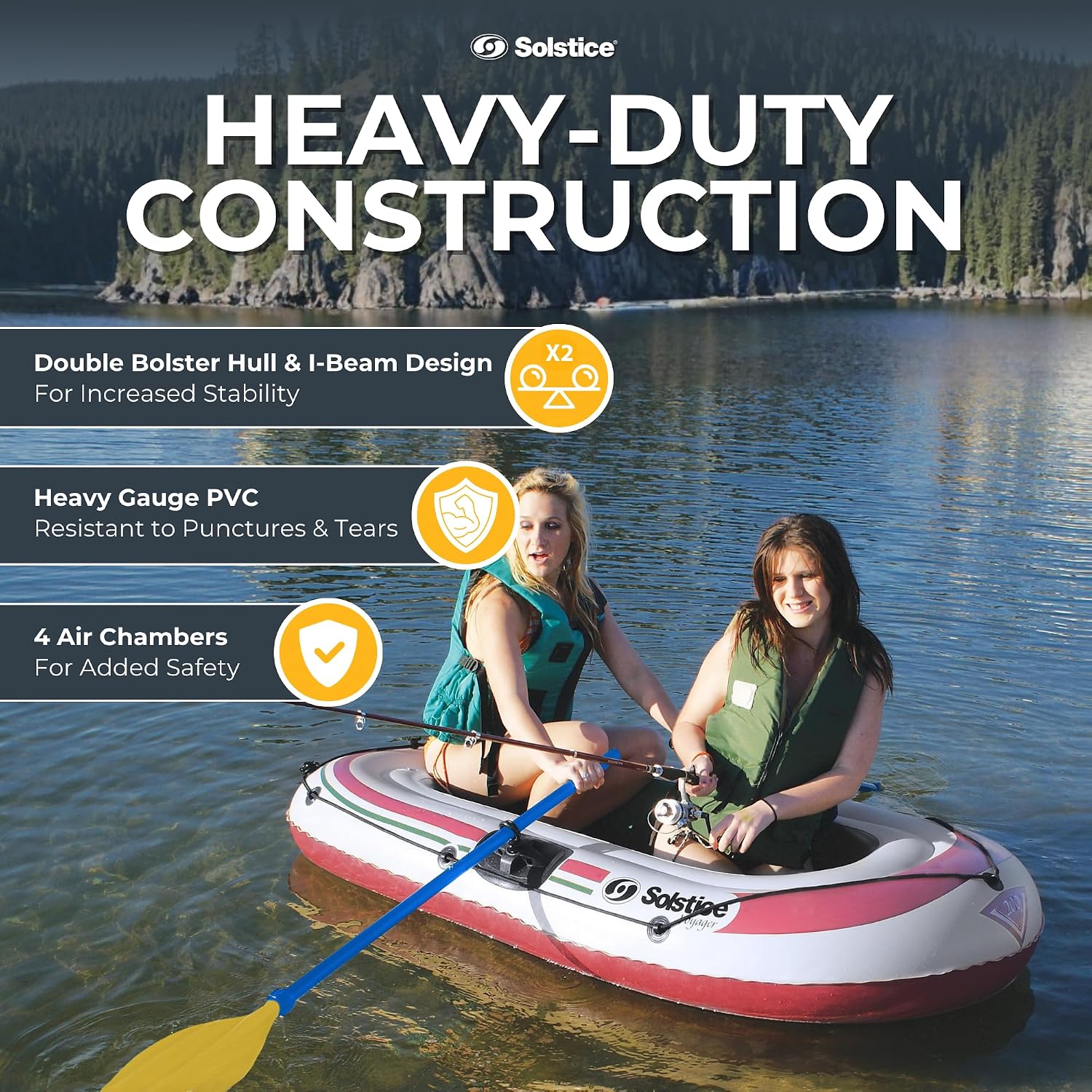 Solstice Voyager 4-Person Inflatable Fishing Boat with Dual Swivel Oar Locks and Rod -Holder, Motor Compatible 9' x 5'