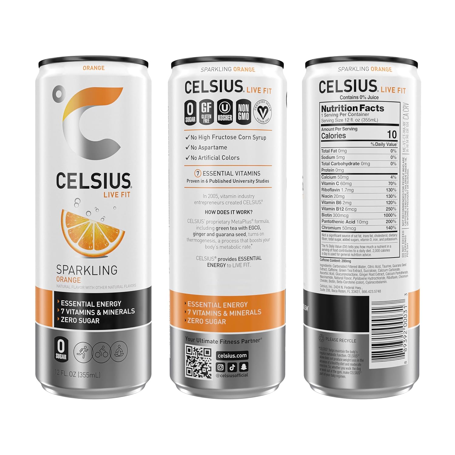 CELSIUS Sparkling Orange, Sugar Free Energy Drink, 12 Fl Oz (Pack of 4)