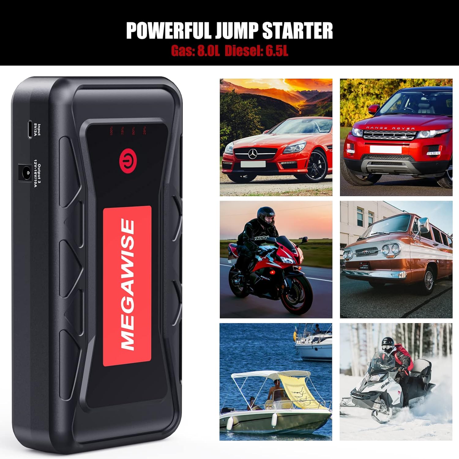 MEGAWISE 2500A Peak 21800mAh Car Battery Jump Starter (up to 8.0L Gas/6.5L Diesel Engines) 12V Portable Power Pack Auto Battery Booster with Dual