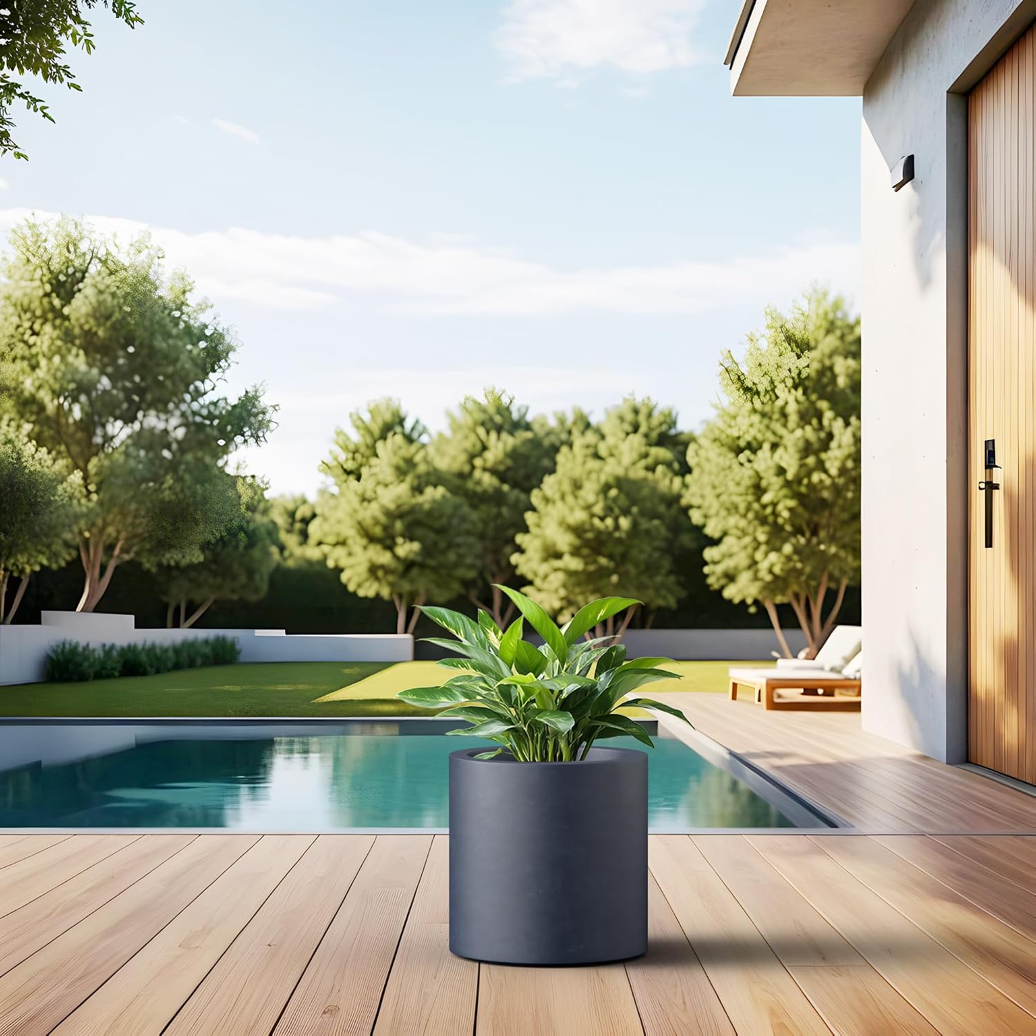 Kante Large Round Cylinder Charcoal Concrete Planter 15.8" Tall, Outdoor