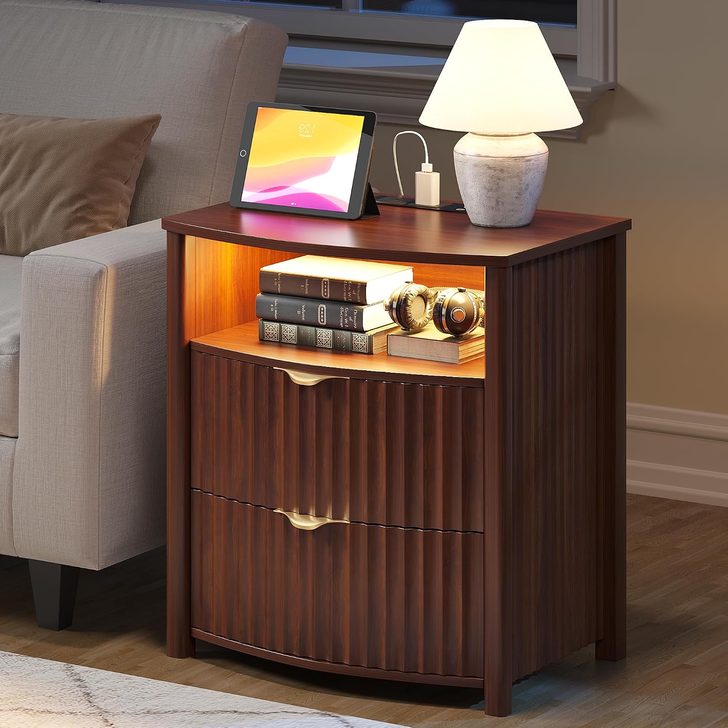 Dystler Fluted LED Night Stand with Hidden Gun Drawer & Charging | 19.7" W Curved Smart Bedside Table, 3-Color LED lights, 2 Drawers, Nightstand with Card-Lock, End Table for Bedroom, Walnut