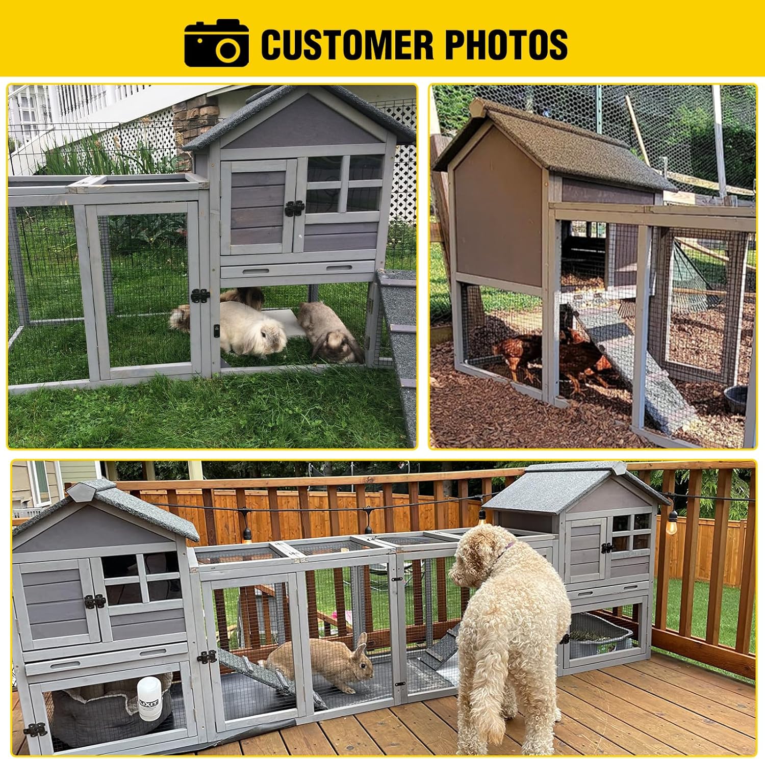 Aivituvin 103.2" L Rabbit Hutch Indoor Outdoor Bunny Cage with Run,Guinea Pig House Pull Out Upper Tray (103.2" L x 25.2" W x 36.2" H, Grey-2 Sets)
