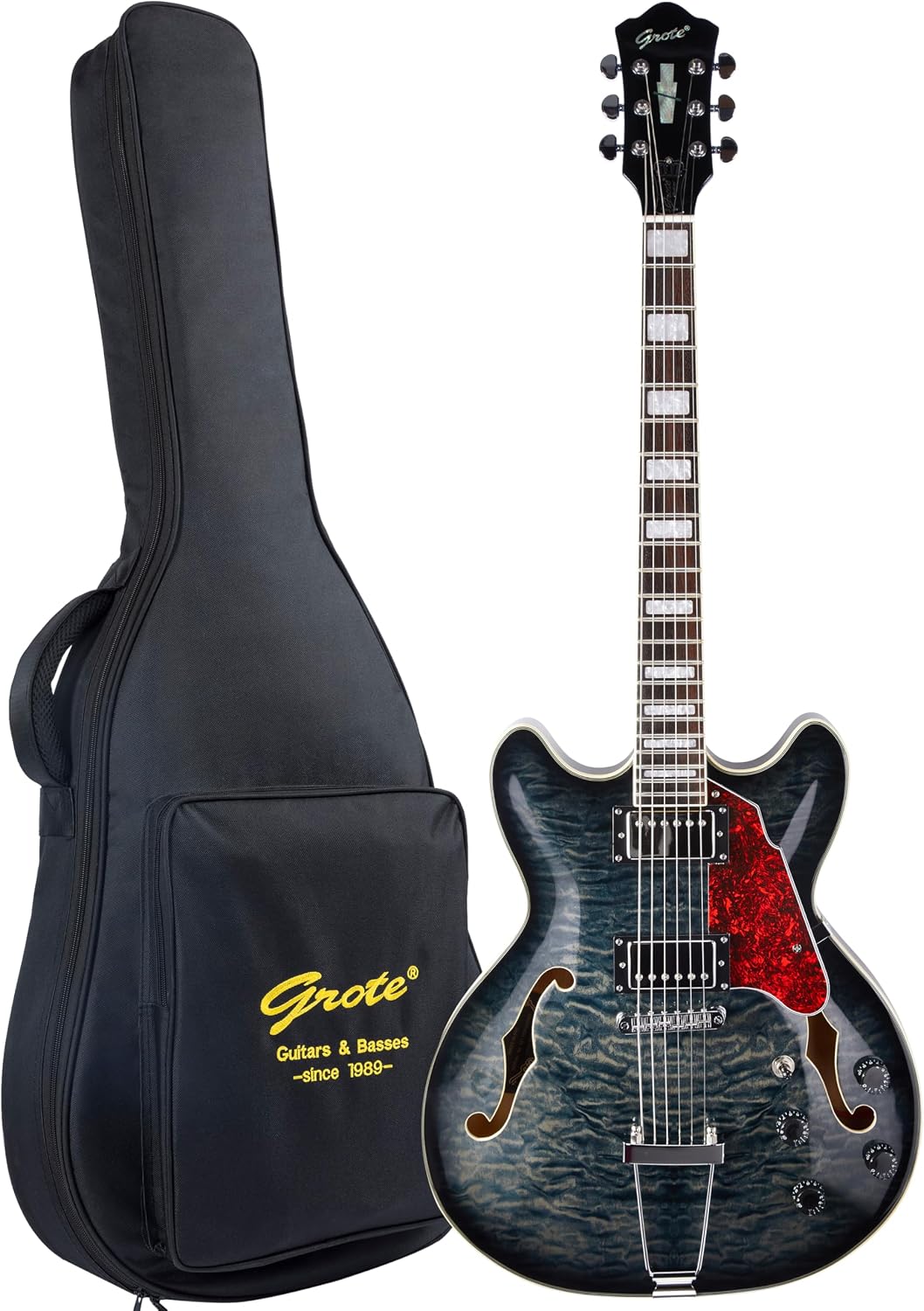 GROTE Jazz Electric Guitar Semi-Hollow Body Trapeze Tailpiece Bridge Guitar Gig Bag (RED)