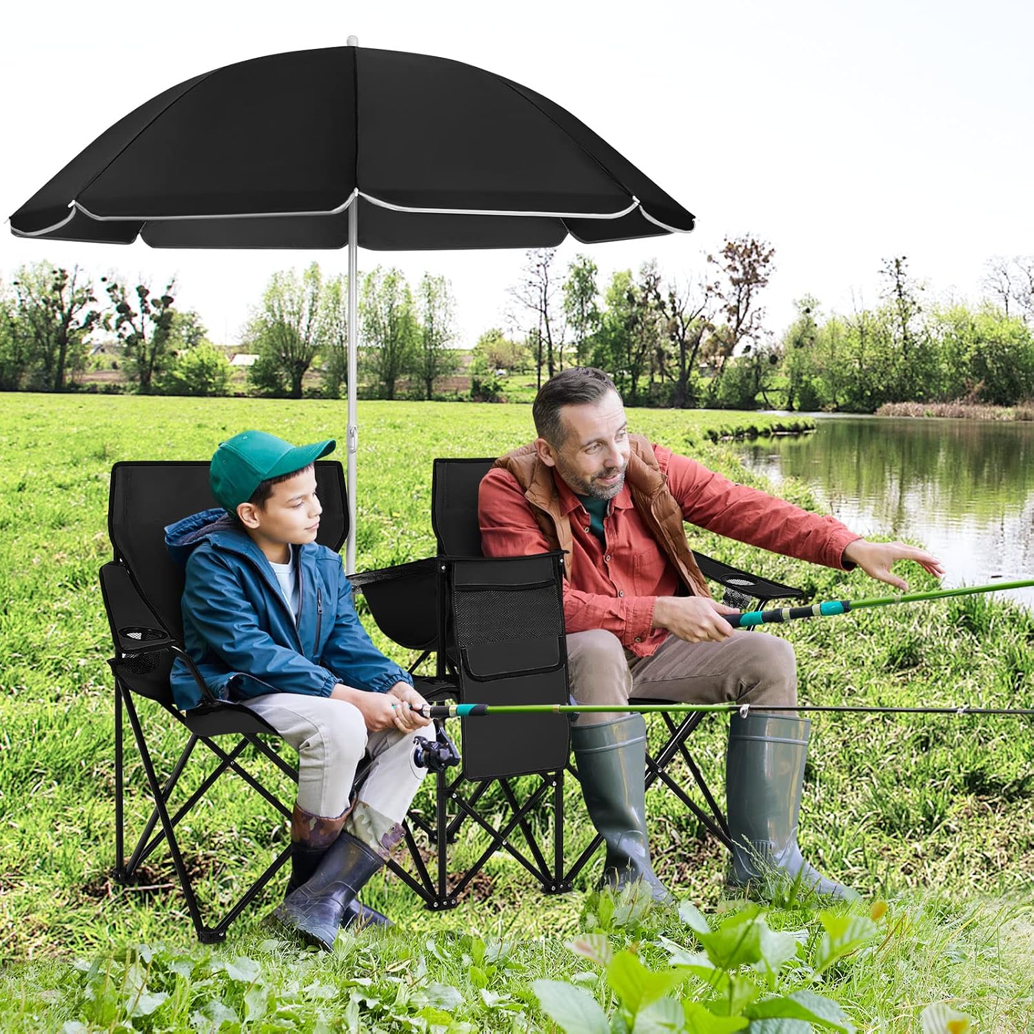 COSTWAY Double Portable Picnic Chairs, Folding Camping Chairs w/Detachable Umbrella, Cooler Bag, Cup Holders, Patio Beach Camping Chairs for Outdoors, Blue | Detachable Umbrella, Cooler Bag, Cup Holders, Patio Beach Camping Chairs for Outdoors, Blue