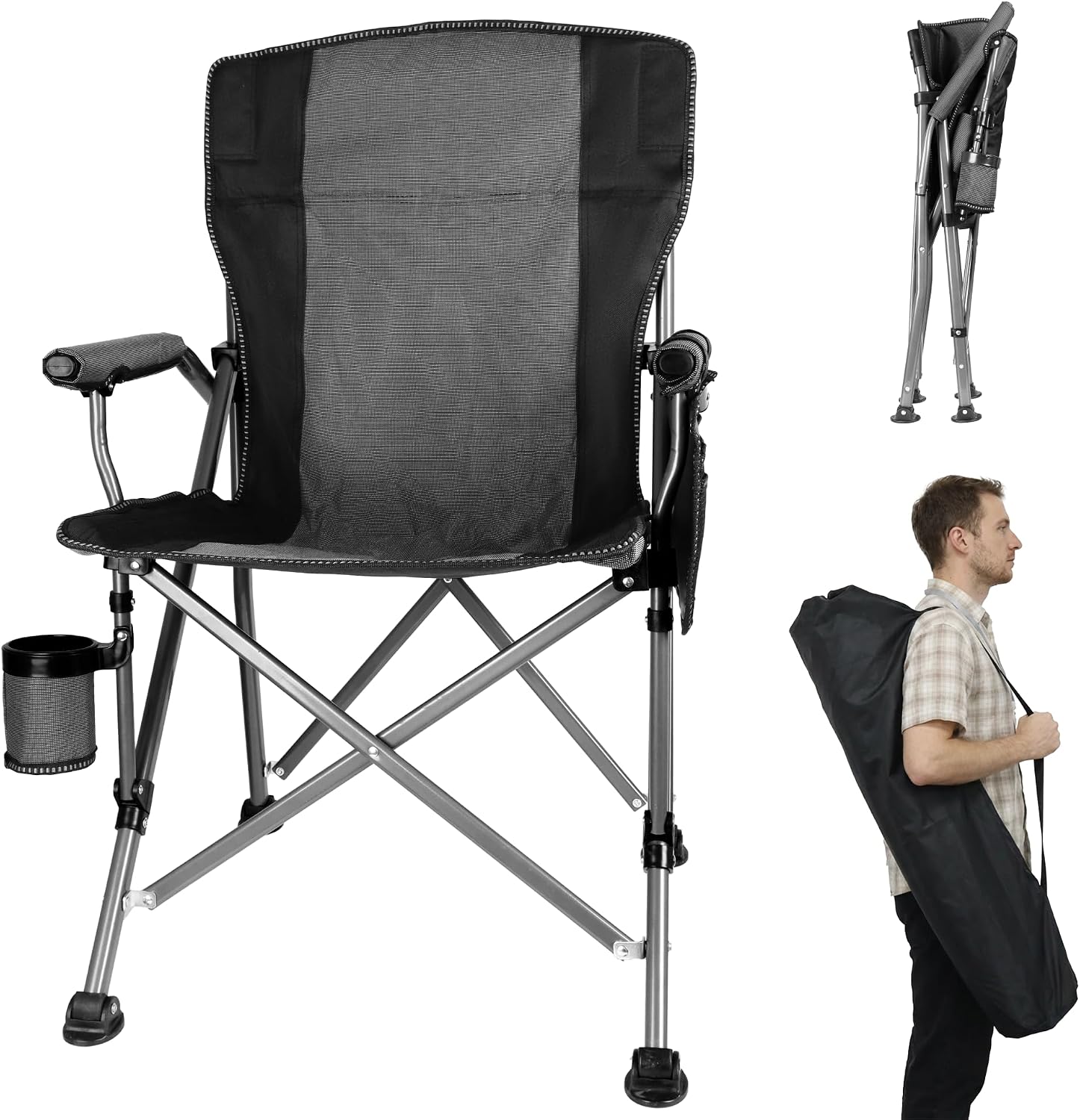 Adjustable Back Folding Camping Chair for Camp, Picnic, Lawn, Fishing | Adjustable Back; Weight Capacity 400 LBS;Hard Arm Portable Chair;Cup Holder;Storage Bag;carrying bag