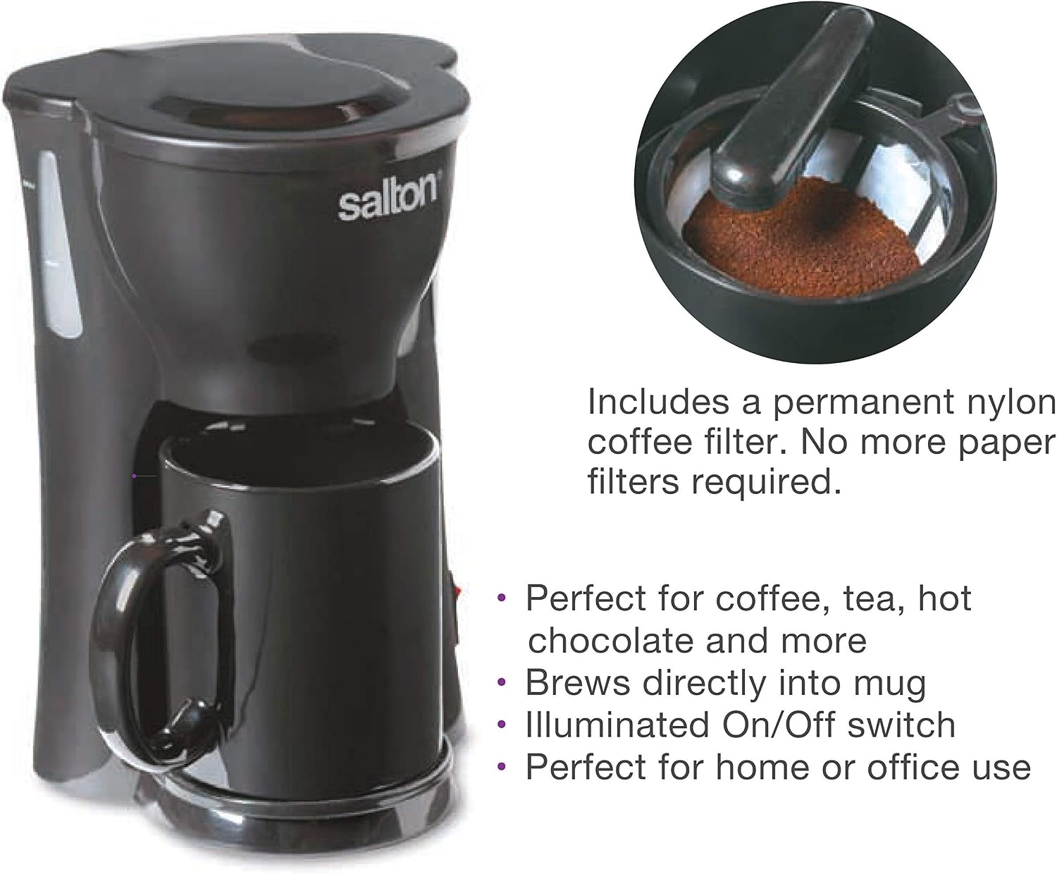 Salton 1 Cup Mini Compact Drip Coffee Maker with Reusable Mesh Filter for Coffee Grounds